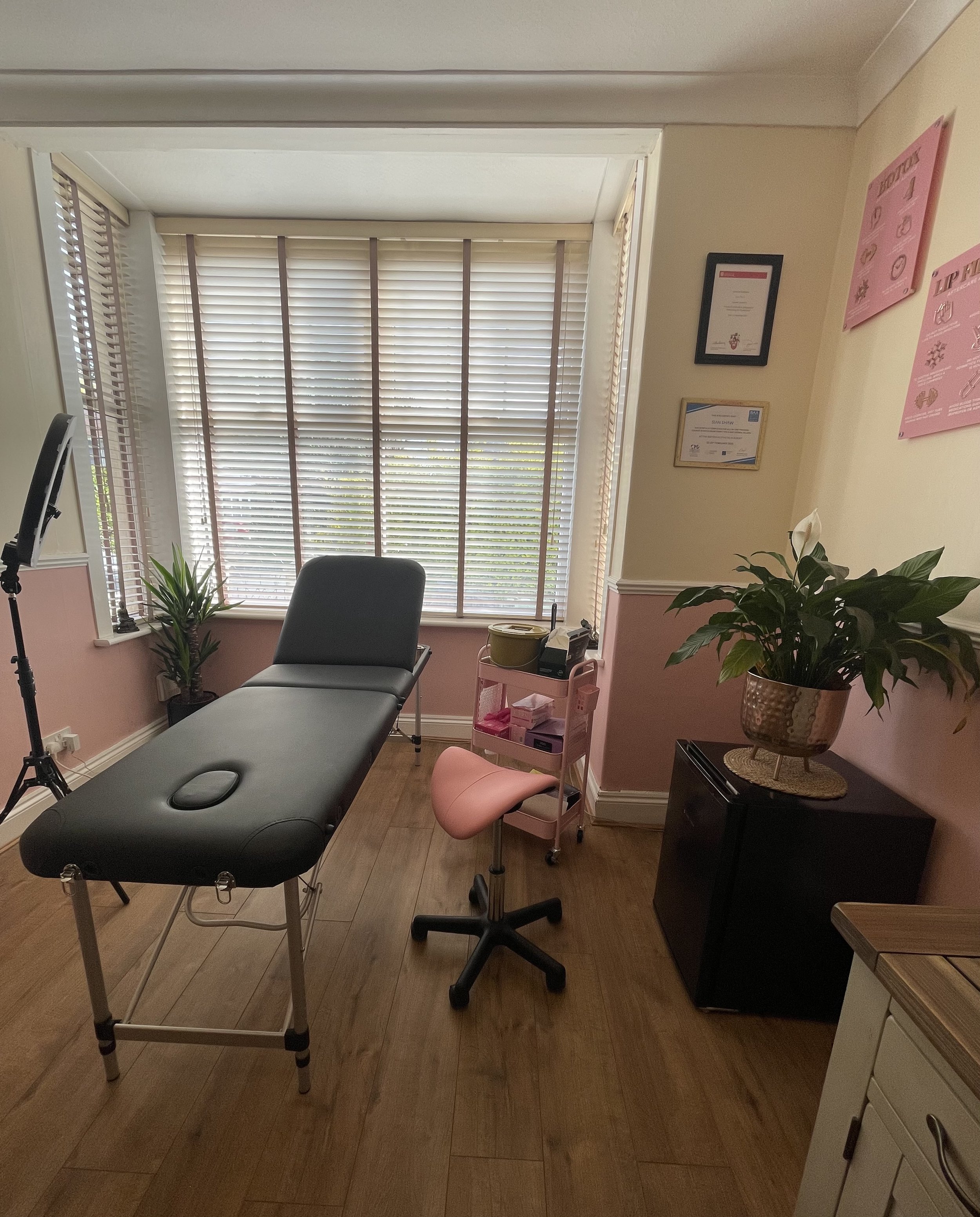 A beauty treatment room with a massage table, pink stool, rolling cart, ring light, potted plants, certificates on the wall, and large window blinds.