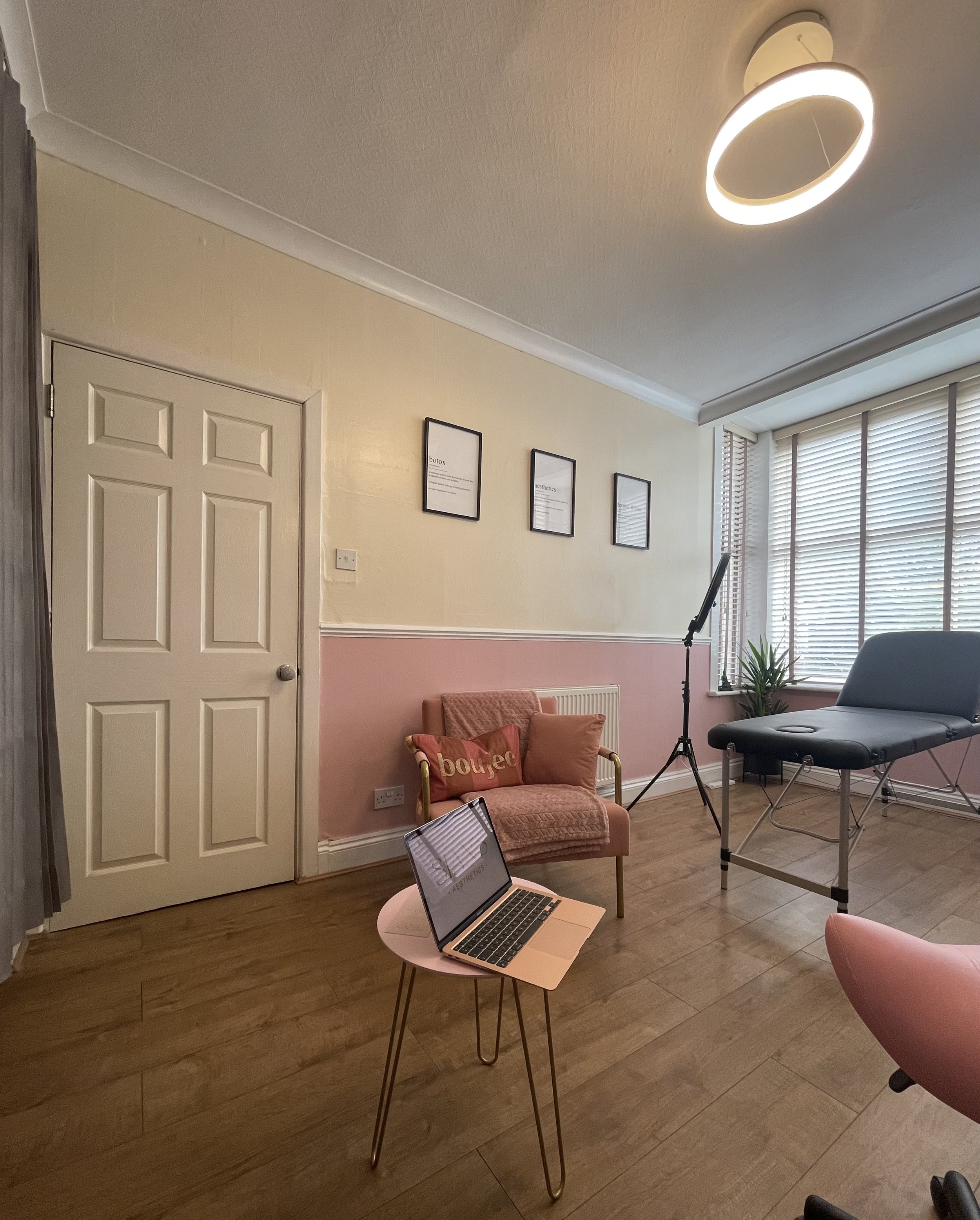 Room interior featuring a modern light fixture, framed wall art, a closed door, a pink accent wall, a laptop on a small round table, a pink upholstered chair with a decorative pillow, a massage table, and a window with blinds and a plant.