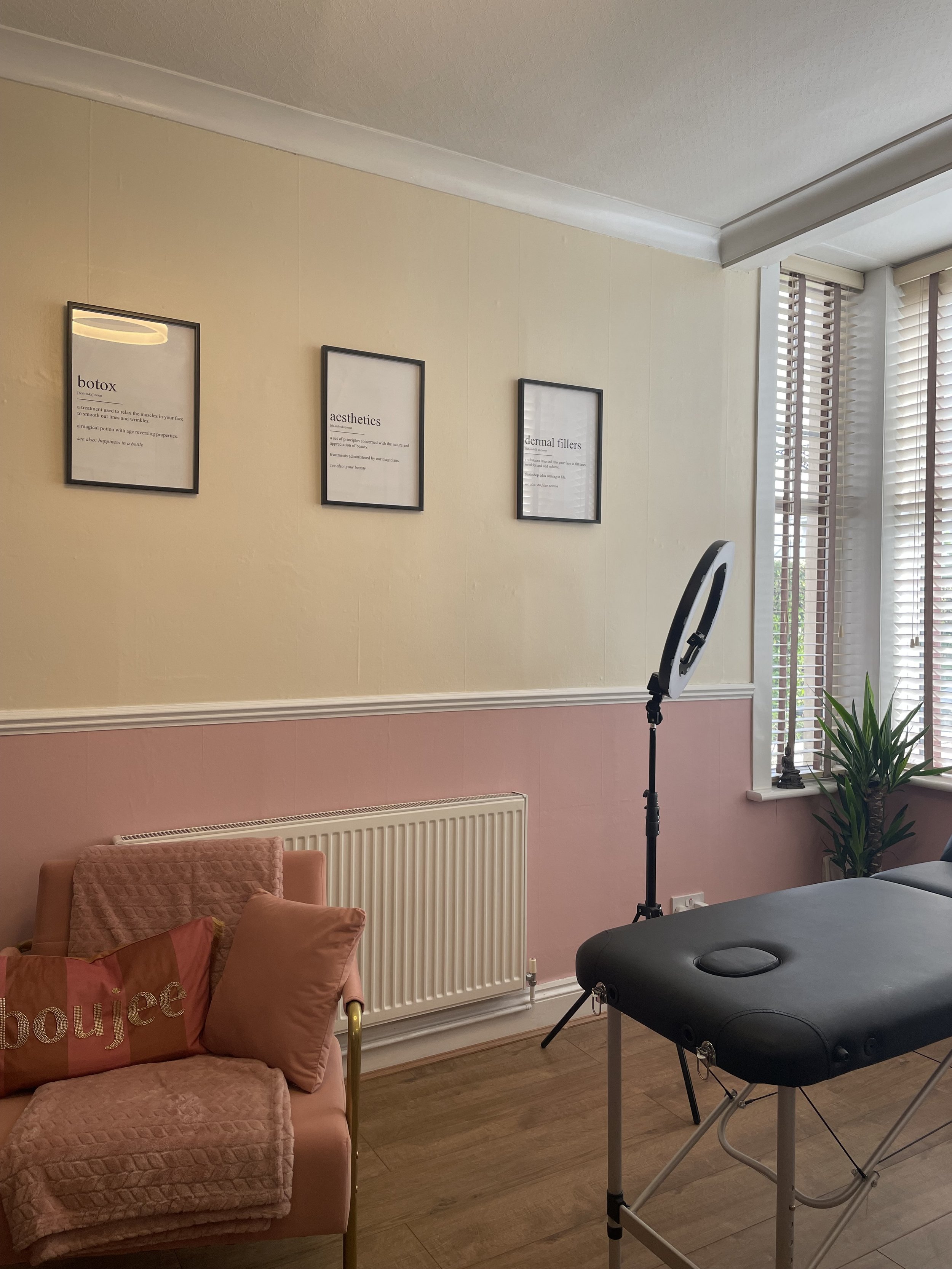 Aesthetic studio interior with a massage table, ring light, potted plant, pink couch with pillows and blanket, three framed posters about botox, aesthetics, and dermal fillers on the wall.