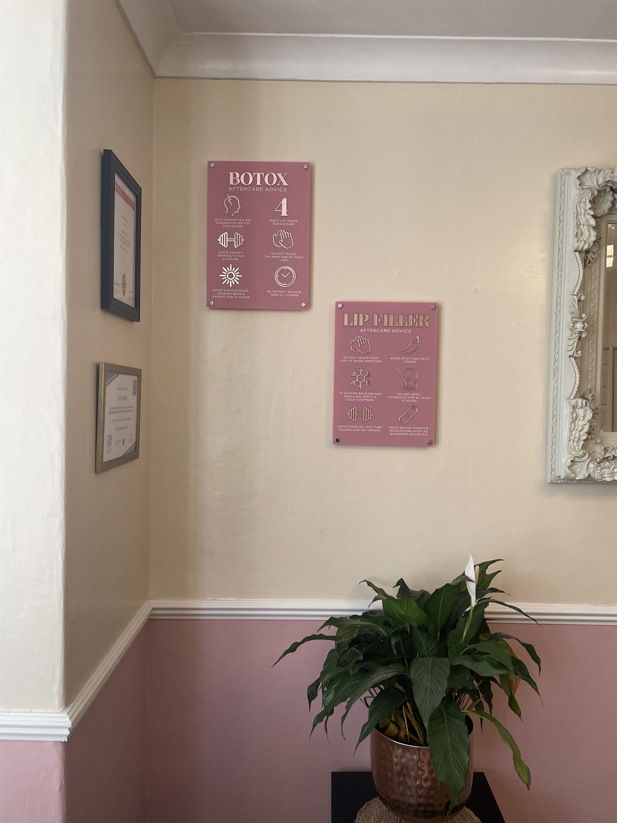Botox and Lip Filler aftercare advice posters on a wall, indoor plant in pot, beige and pink wall, decorative mirror, framed certificates.