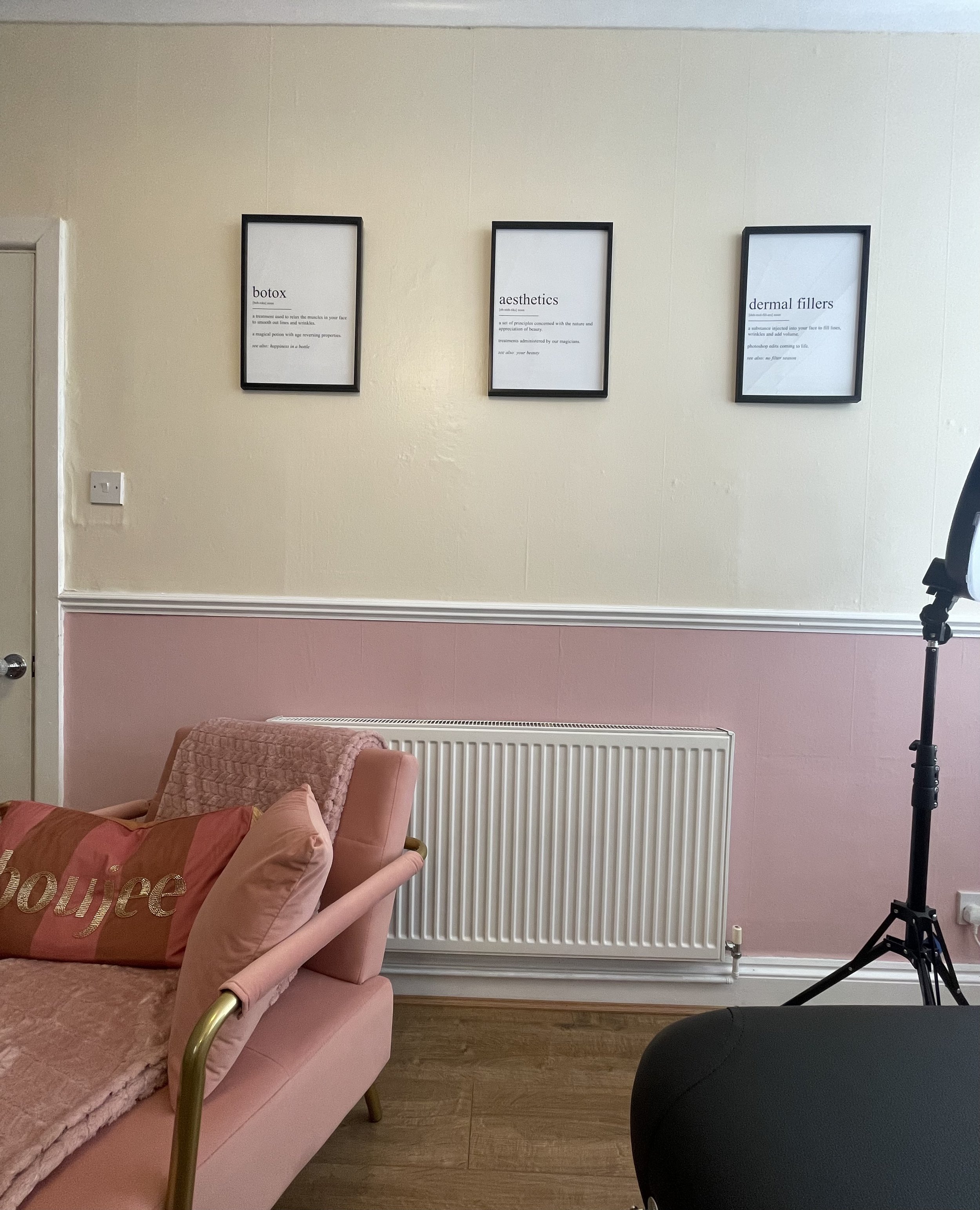 Room with pastel decor, featuring a pink sofa, a pillow with 'Boujee' text, three framed text prints on the wall about botox, aesthetics, and dermal fillers, and a light stand partially visible.