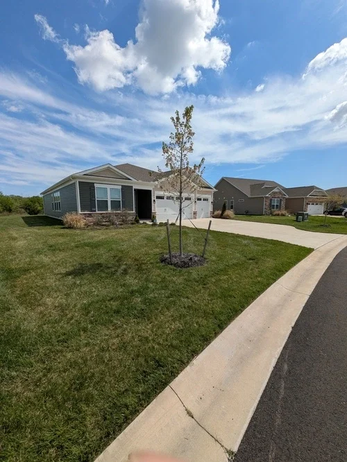 A suburban house with a driveway, a small tree in the front yard, and neighboring houses under a blue sky with scattered clouds.