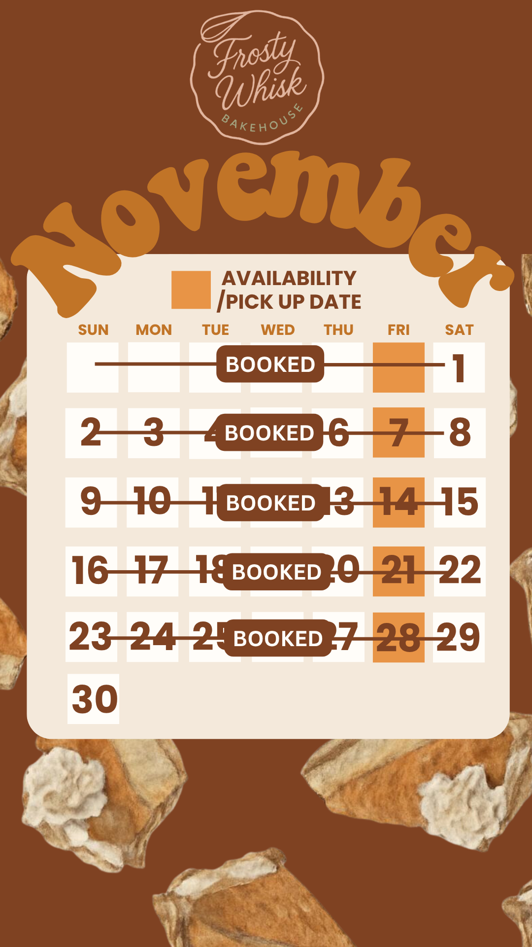 Calendar showing availability for Frosty Whisk Bakehouse in November, with booked dates marked on each week and specific days highlighted in orange.