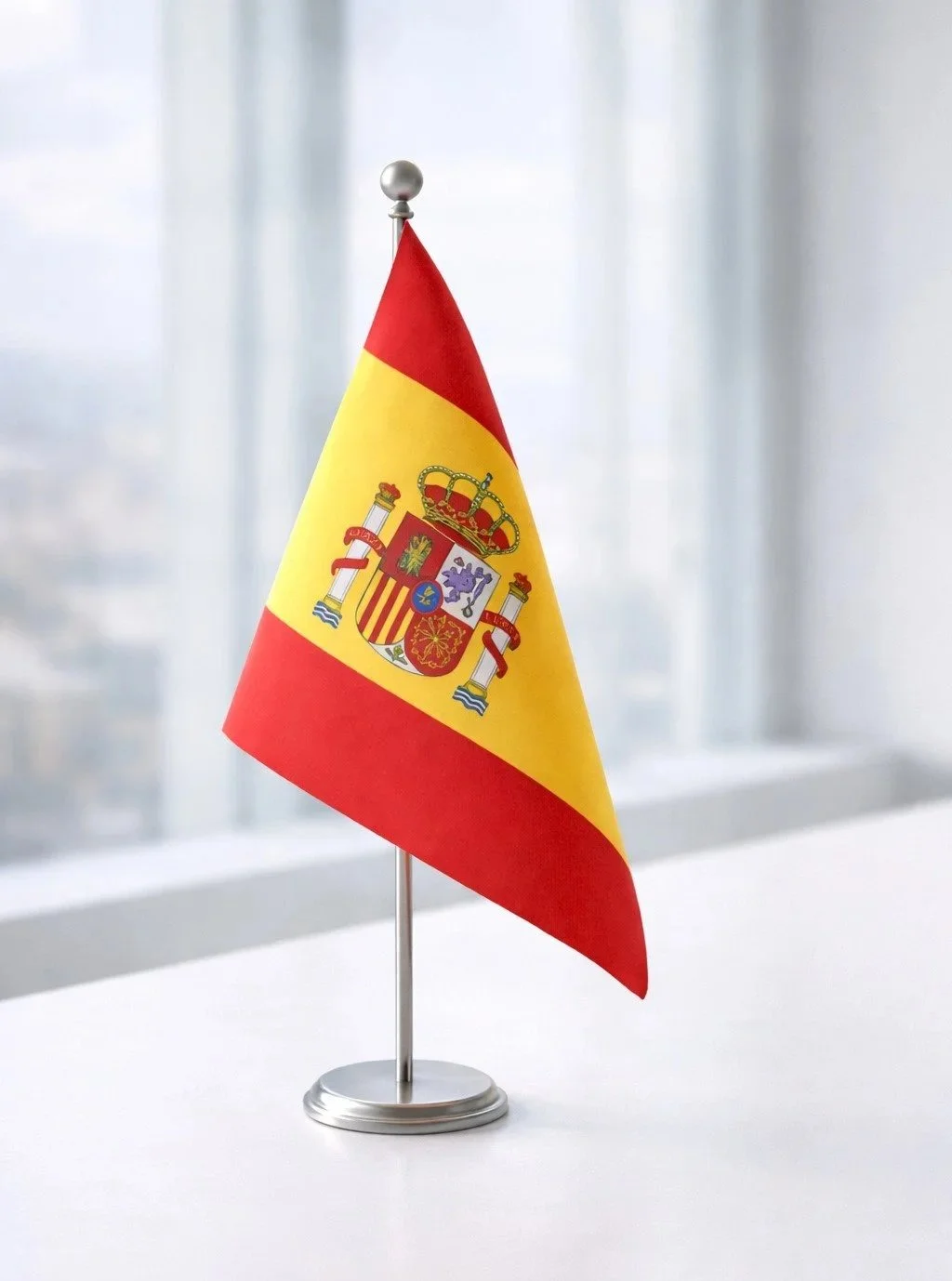 Bandera de España sobre un soporte metálico en una mesa con fondo borroso.