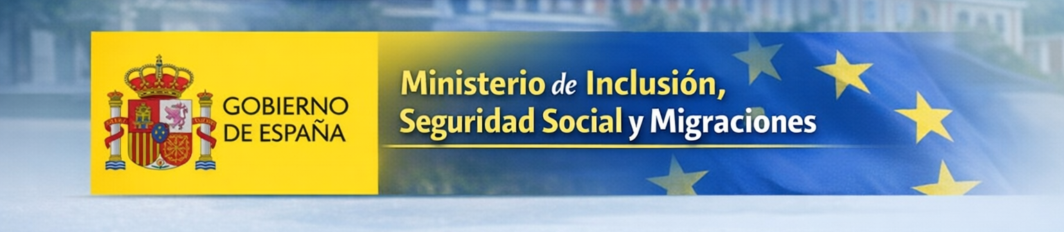 Banner del Ministerio de Inclusión, Seguridad Social y Migraciones de España con el escudo de la bandera de España y símbolos de la Unión Europea.