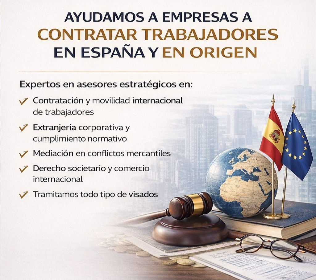 Cartel publicitario en español ofreciendo servicios para contratar trabajadores en España y origen con un fondo de ciudad moderna, banderas de España y la Unión Europea, una esfera terráquea, un mazo de juez, gafas, documentos y monedas.