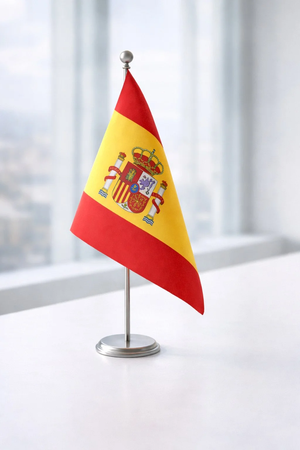 Bandera de España sobre soporte en una mesa, con fondo de ventanas y ciudad.