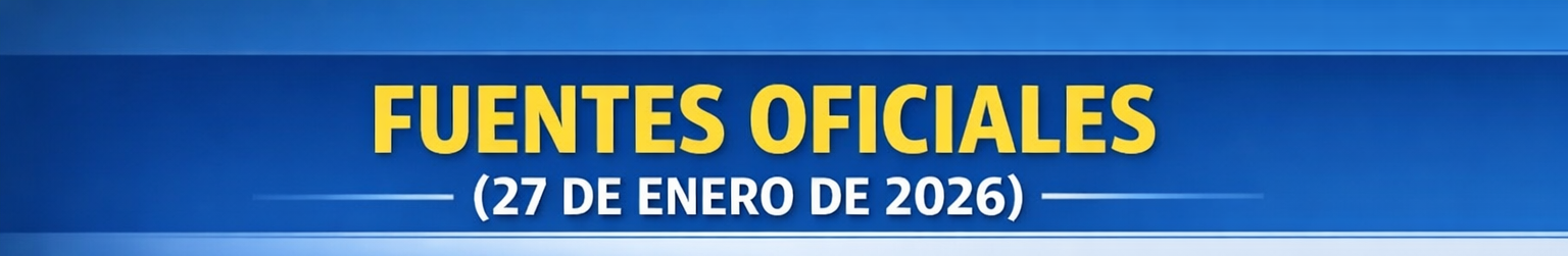 Encabezado de banner azul con texto en amarillo y blanco que dice 'Fuentes oficiales (27 de enero de 2026)'.