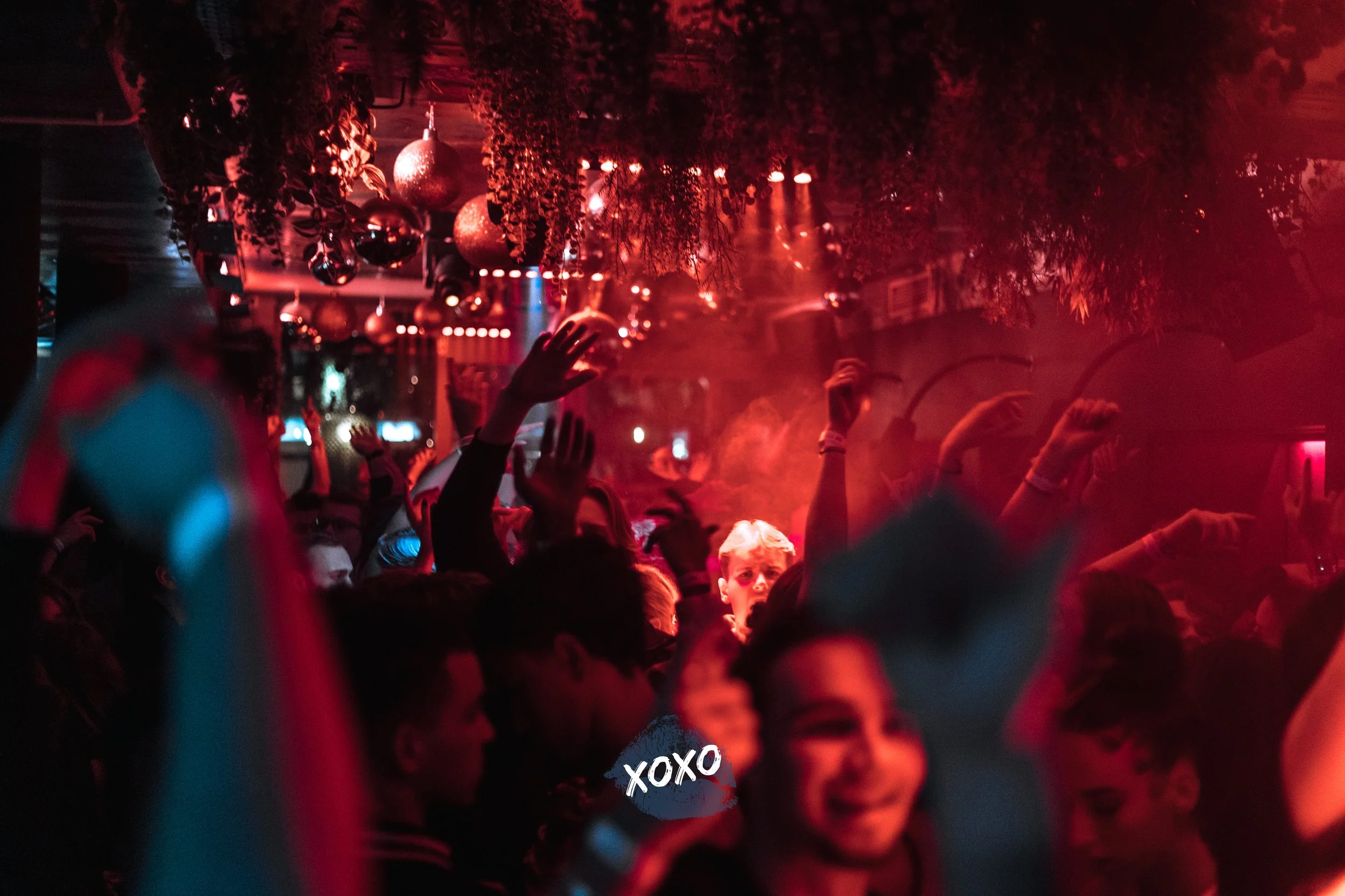 Mensen dansen in een donkere club met rode en blauwe verlichting, handen in de lucht, discoballen en planten aan het plafond.
