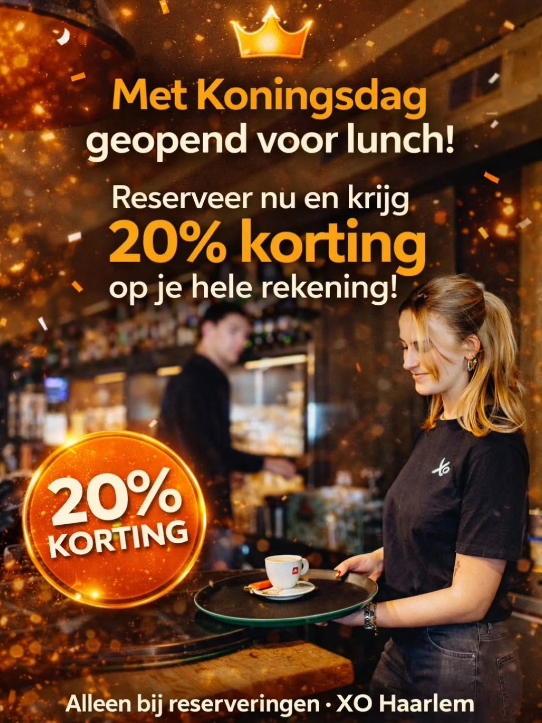 Koningsdag = grote drukte in de stad, oranje vibes en&hellip; even rustig lunchen bij XO 🍊👑

Wij zijn gewoon open voor lunch &eacute;n we maken het extra lekker voor je:

👉 Reserveer vooraf en pak 20% korting op je hele rekening
Perfect om je dag 