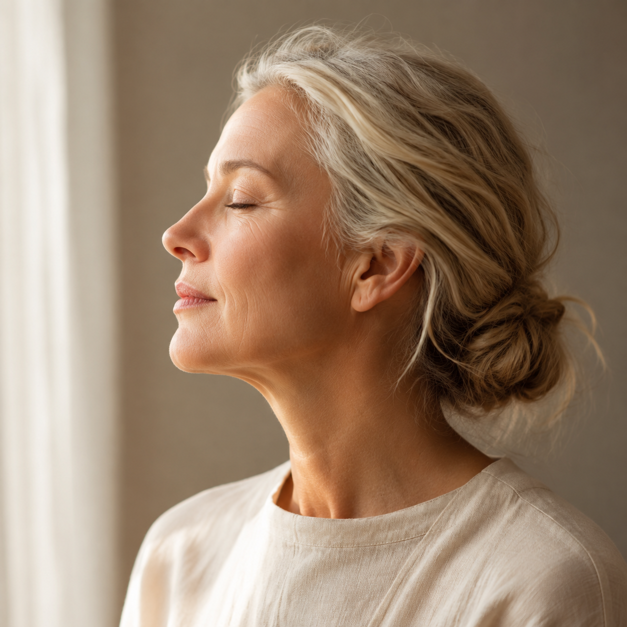 Adult woman in a moment of calm and wellness.