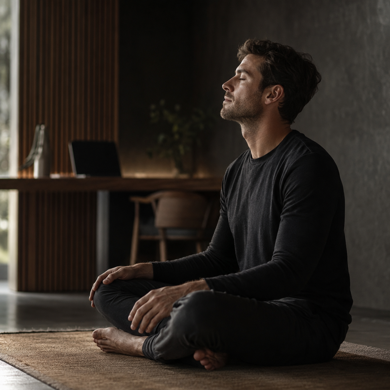 Young man meditating beside his workspace.