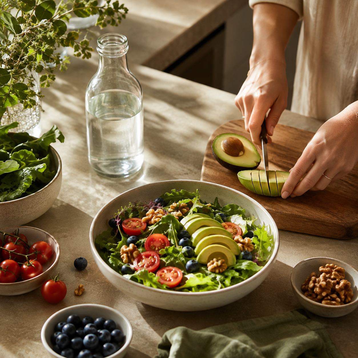 Persona preparando una ensalada con alimentos frescos.