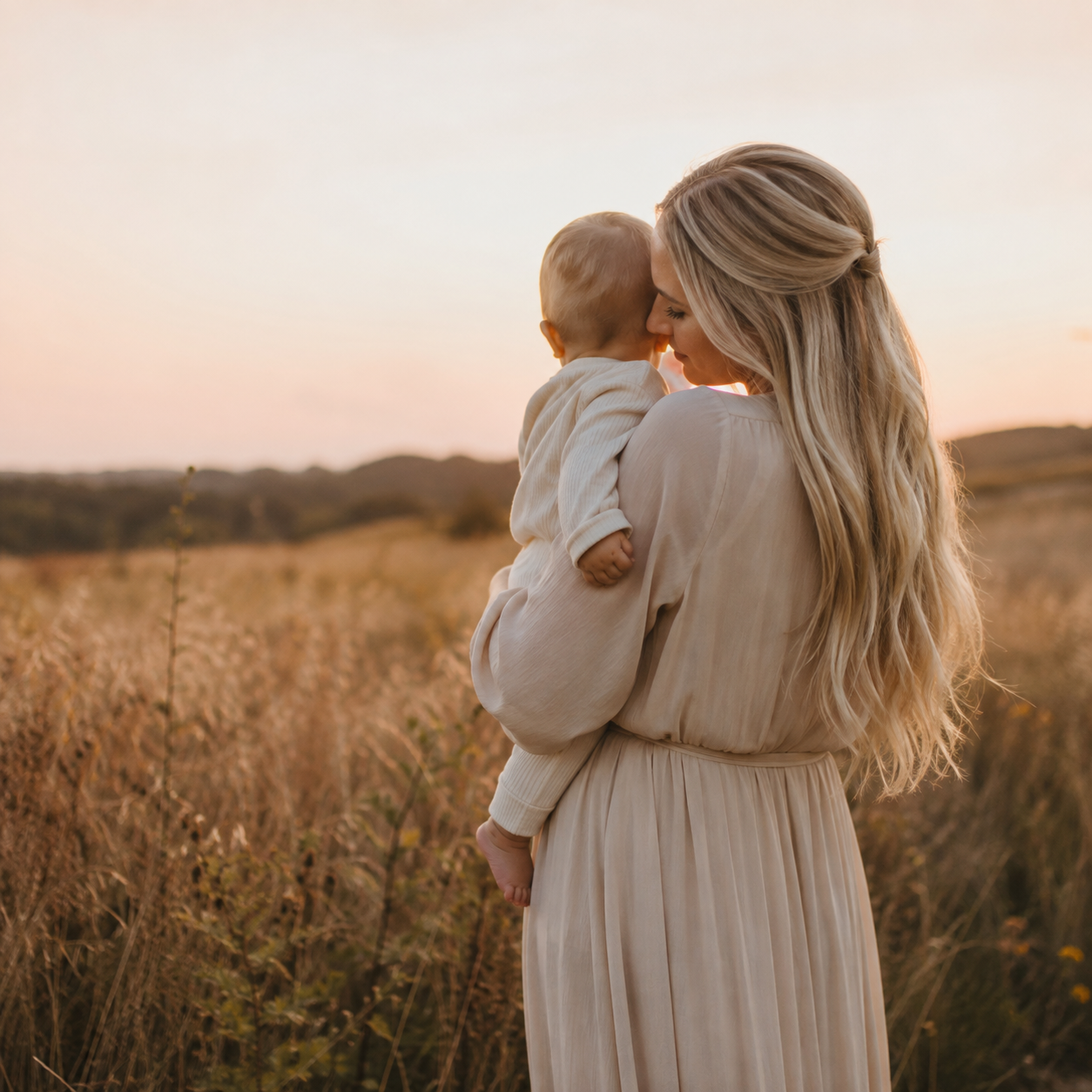 Mamá sosteniendo a su bebé en un campo al atardecer.