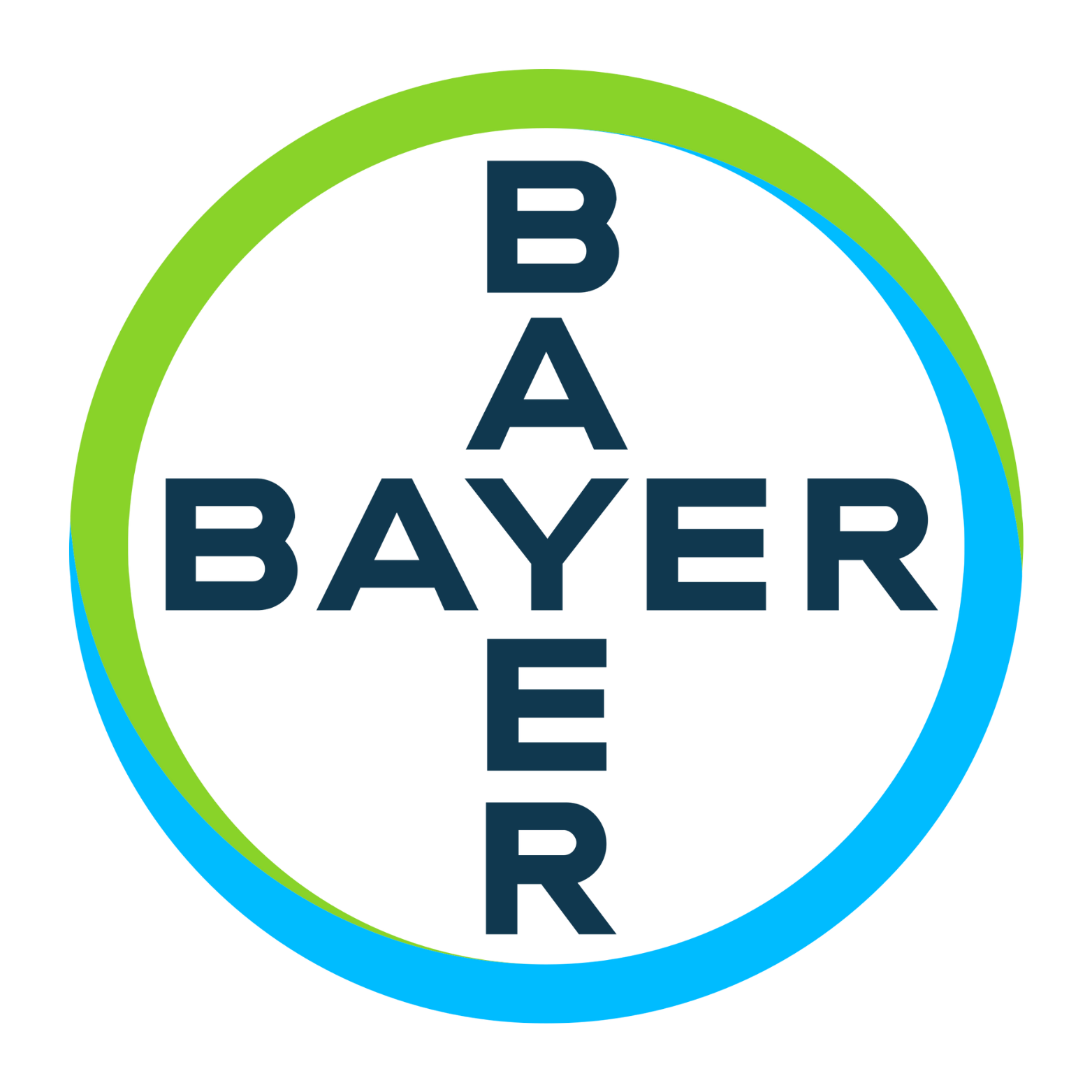 Bayer logo with text in circular form and two-tone green and blue border.