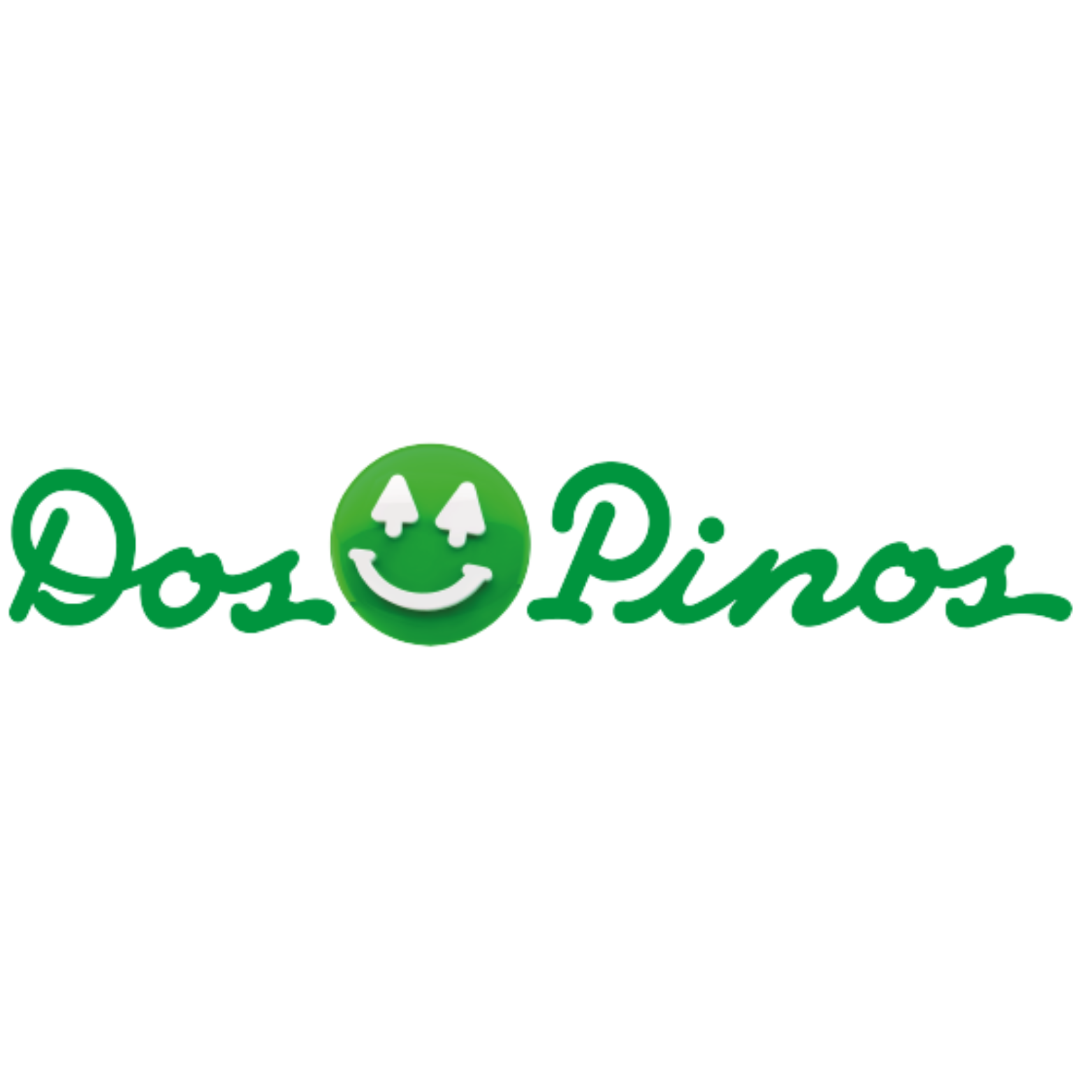 Dos Pinos logo featuring green cursive text with a smiley face symbol.