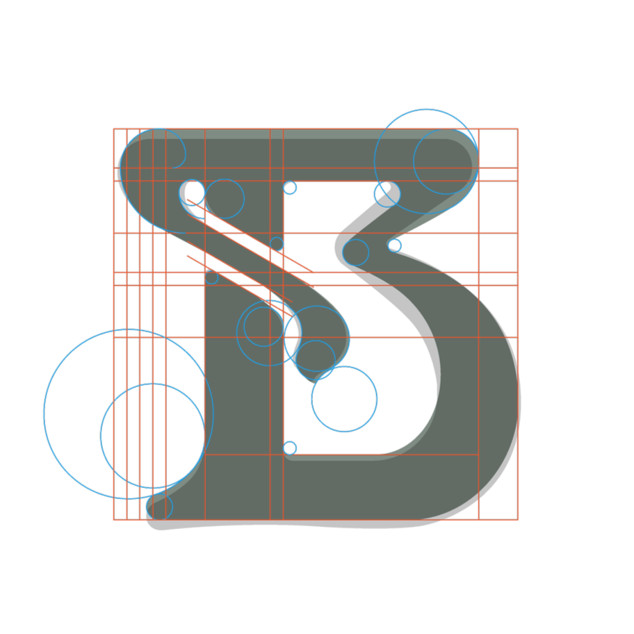 Technical diagram of a stylized logo featuring the number 5, with grid lines and blue colored circles, set against a black background.