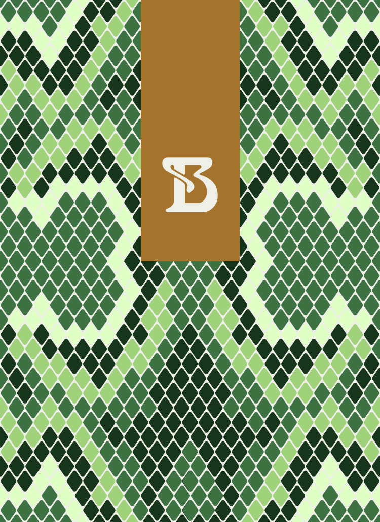 A decorative green mosaic pattern with a central brown band featuring a white logo.