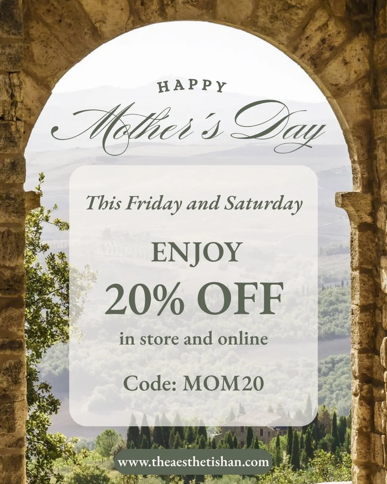 Happy Mother&rsquo;s Day weekend 🌷

Celebrate with 20% off all weekend long, both in store and online. ✨