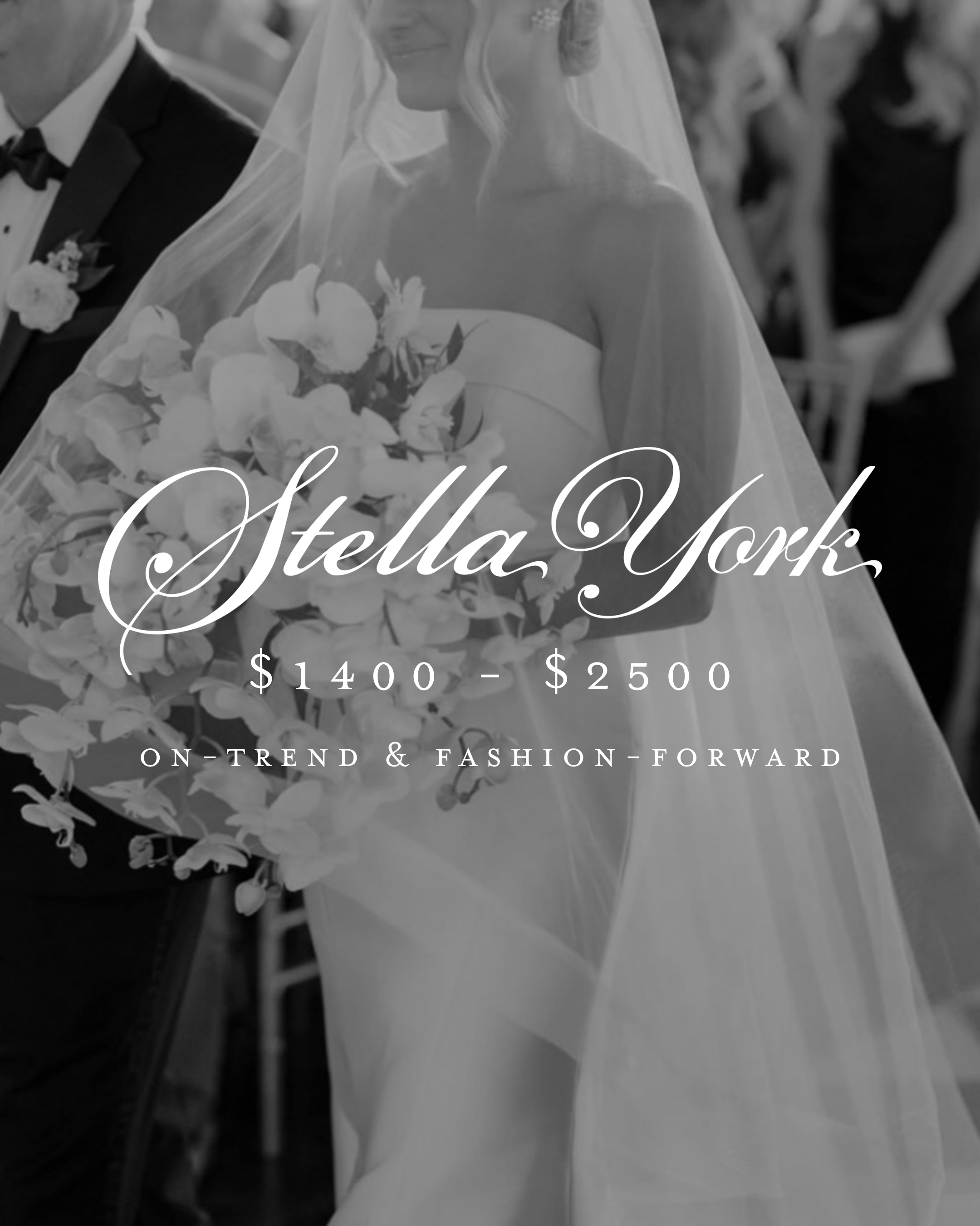 A black and white photograph of a woman in a wedding dress with a veil holding a bouquet of flowers at a wedding ceremony, with a man in formal attire beside her. The image features elegant script text that reads 'Hello York' and prices '$1400 - $2500'.