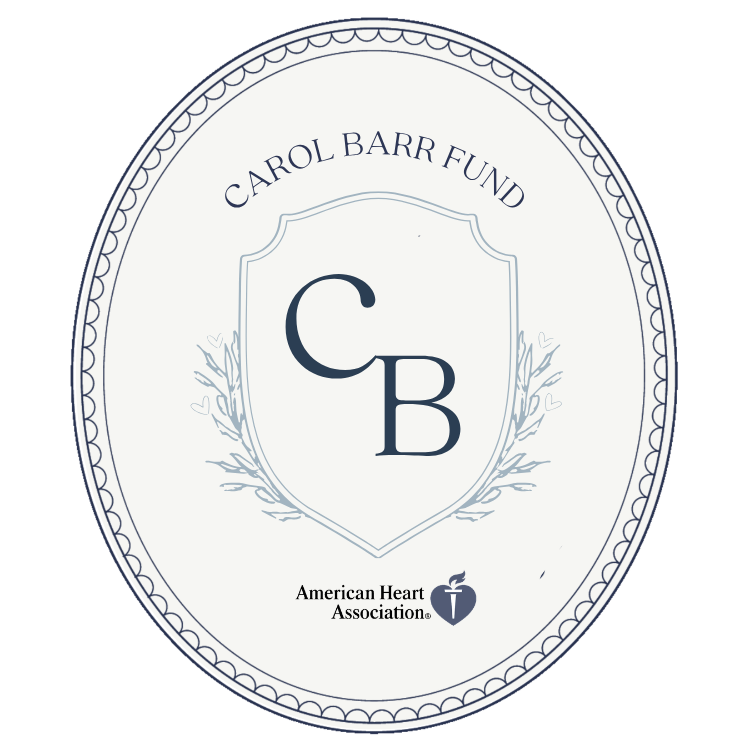 Logo for Carol Barr Fund, part of American Heart Association, featuring initials C and B inside a shield, with decorative laurel branches and a small heart-shaped apple at the bottom.