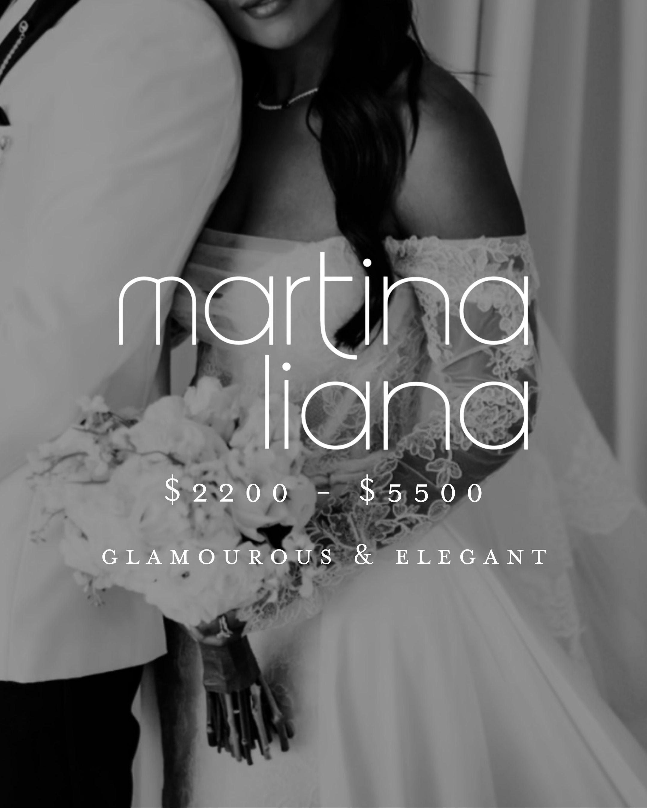 A woman in a lace off-shoulder dress holding a bouquet of flowers, standing next to a man in a suit, with text overlaid that says 'marriage is a thing,' along with a price range of $2200 to $5500, and the words 'Glamorous & Elegant' at the bottom.