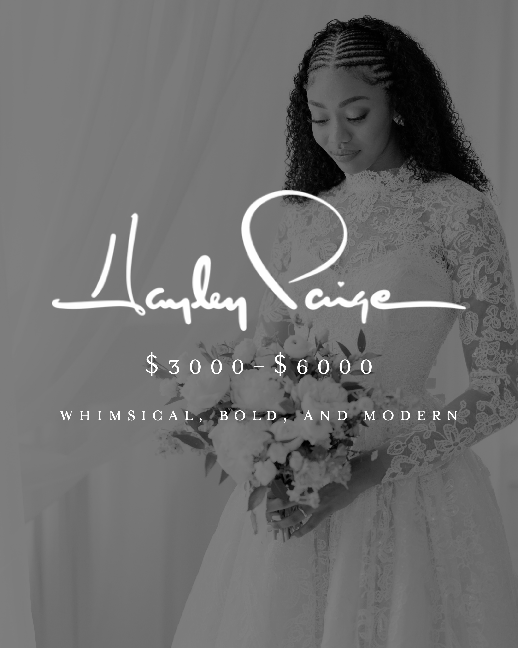 A woman in a lace wedding dress holding a bouquet of flowers, looking down, with text overlay about wedding packages and prices.
