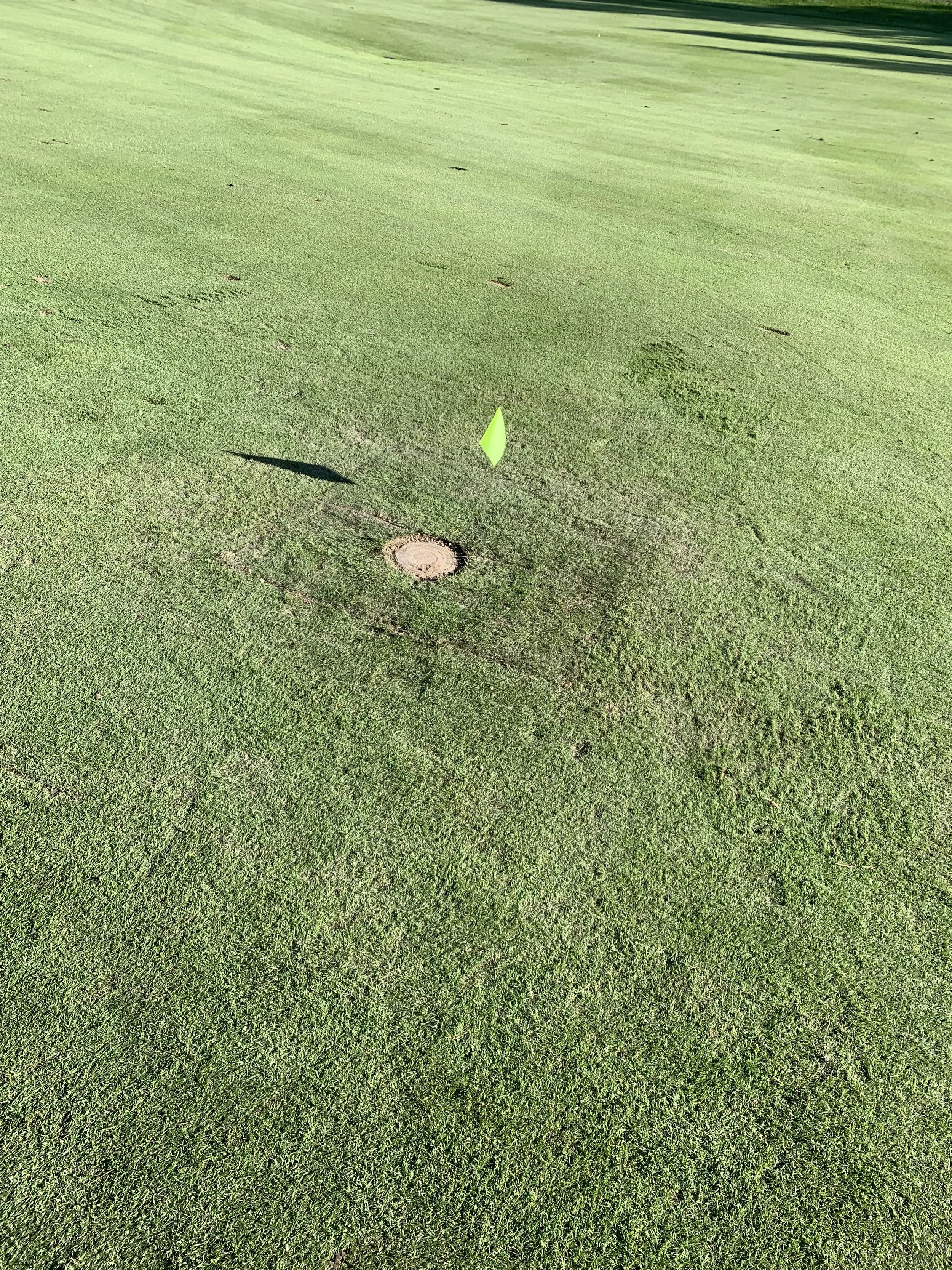 Close-up view of a golf irrigation head with a yellow flag marking the spot raised.