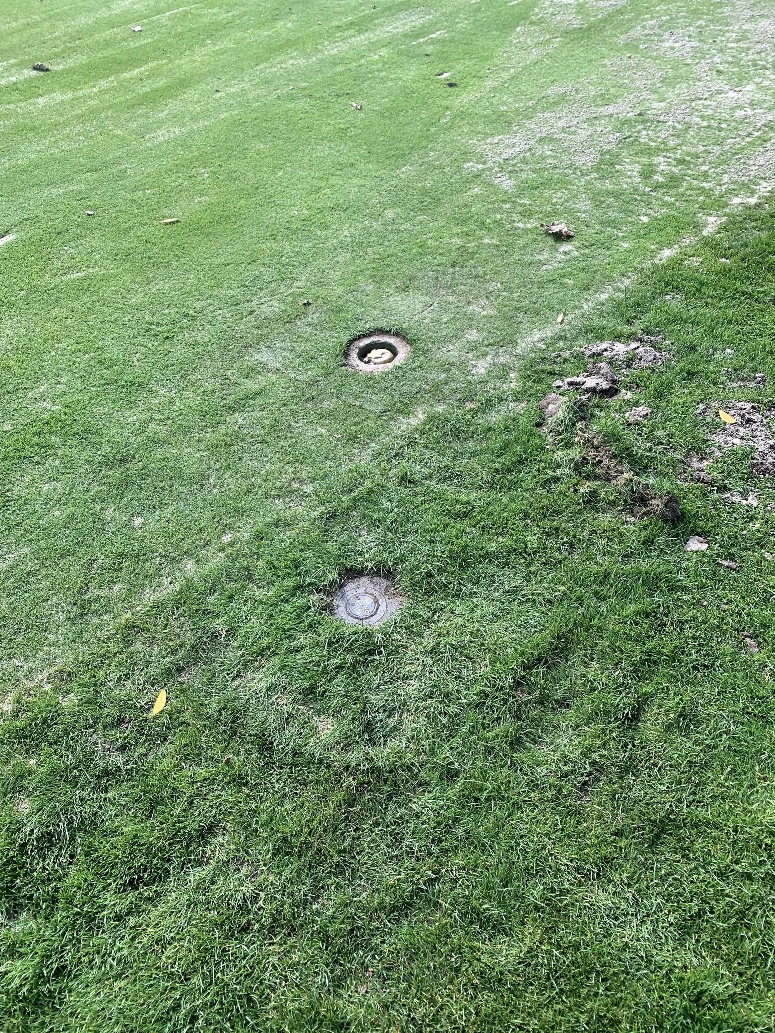 Golf course grass with three circular metal drain covers and a nearby pile of disturbed dirt.