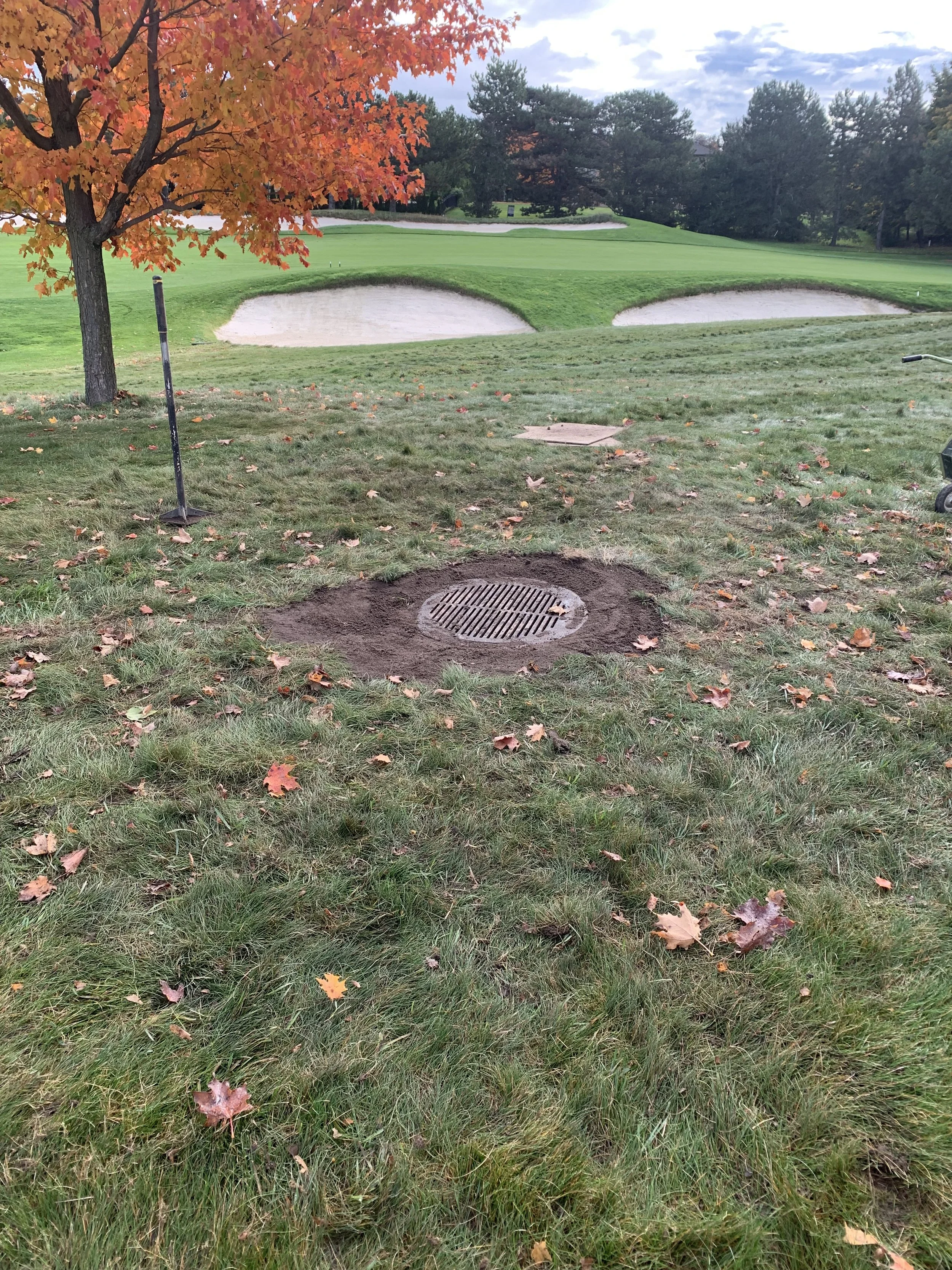 A golf course with a sand bunker in the background, a tree with orange autumn leaves on the left, and a manhole cover on the grassy foreground surrounded by slightly disturbed soil. Fall leaves are scattered across the grass. settled ground raised.