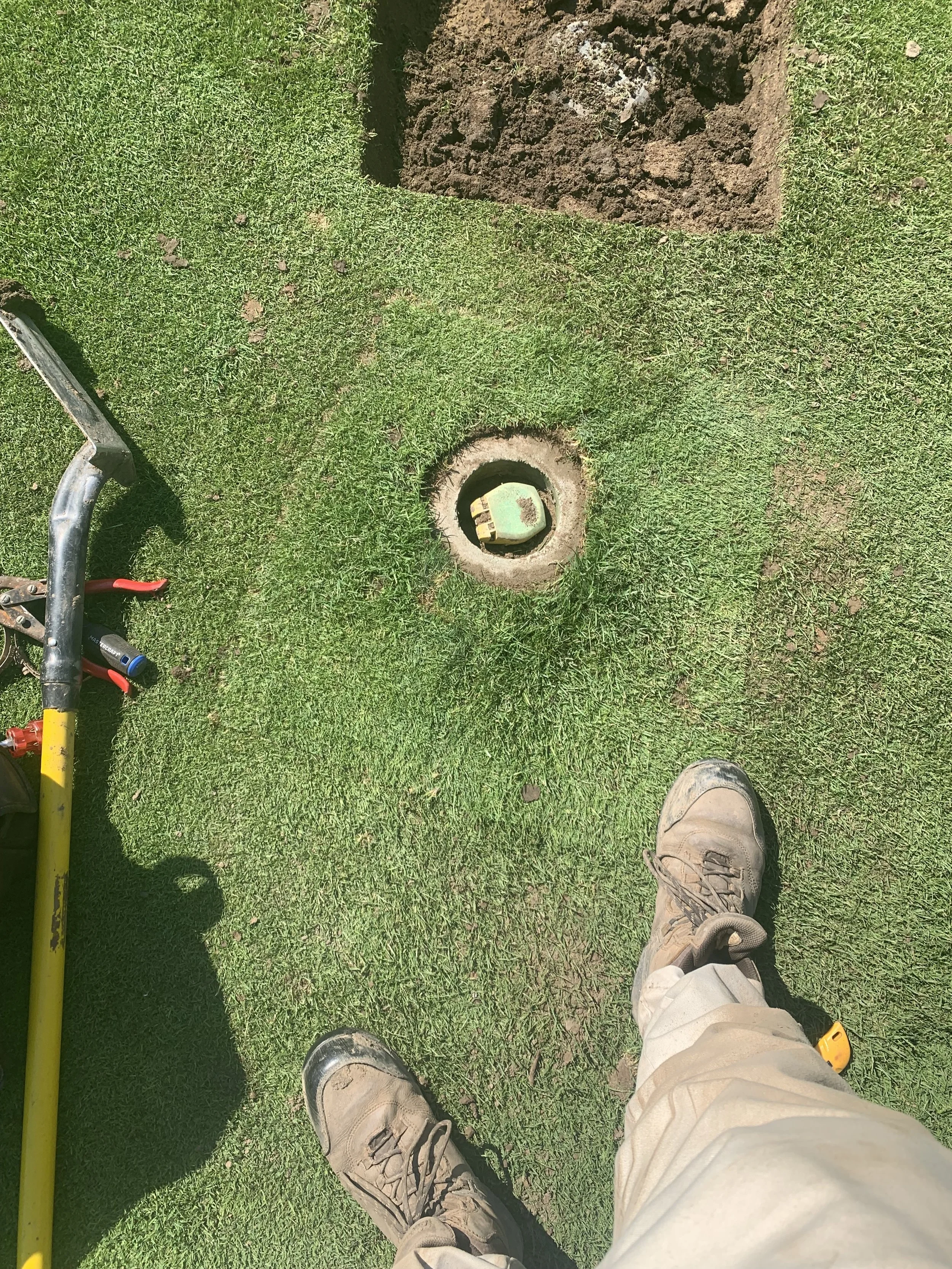 Person standing on grass near a hole with a qcv or quick coupler valve that has been raised