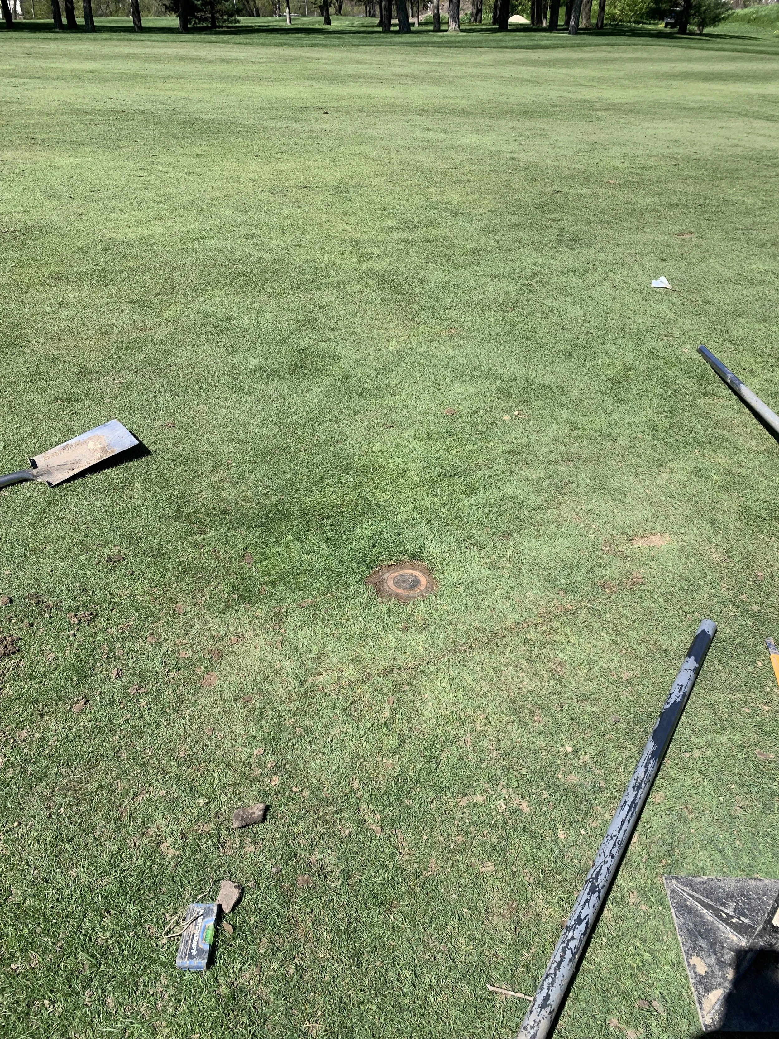 A well-maintained grassy area at a golf course with a putting green, surrounded by trees in the background, and some equipment and debris on the ground.