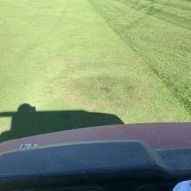 A view from inside a vehicle on a grassy field with a shadow of the vehicle visible on the grass.