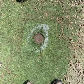 Golf course with a hole, tee marker, and surrounding grass.