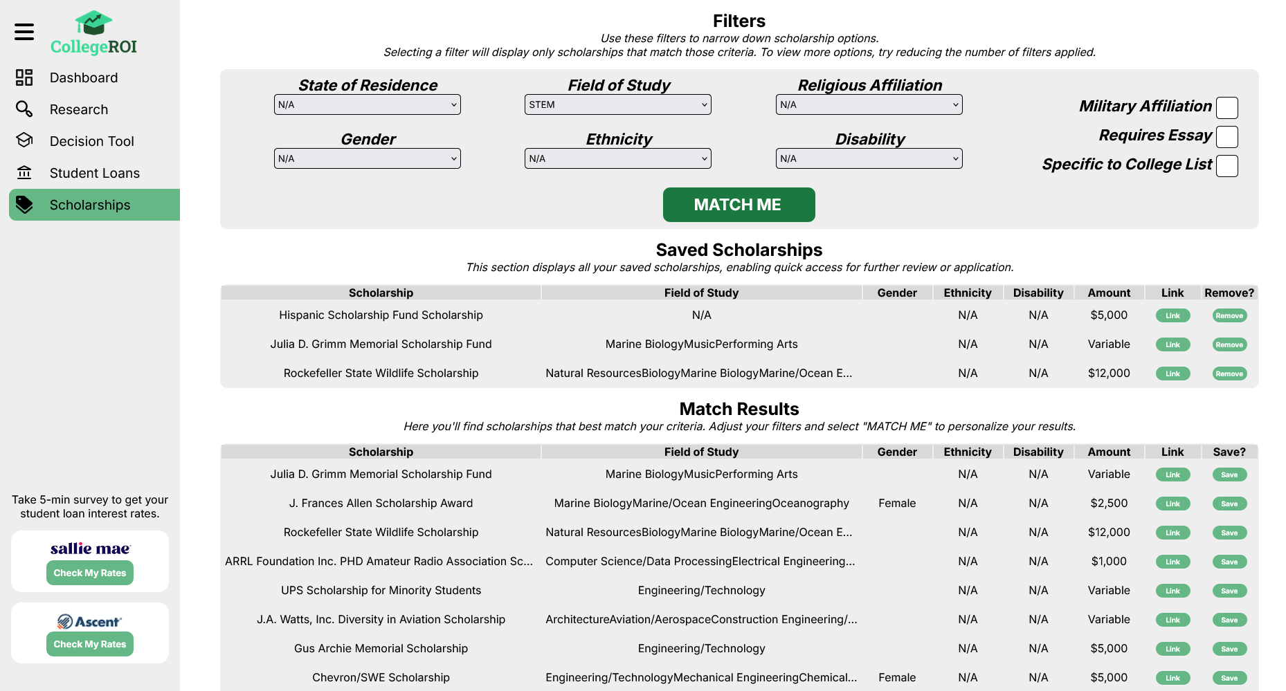 Discover and filter through private scholarships