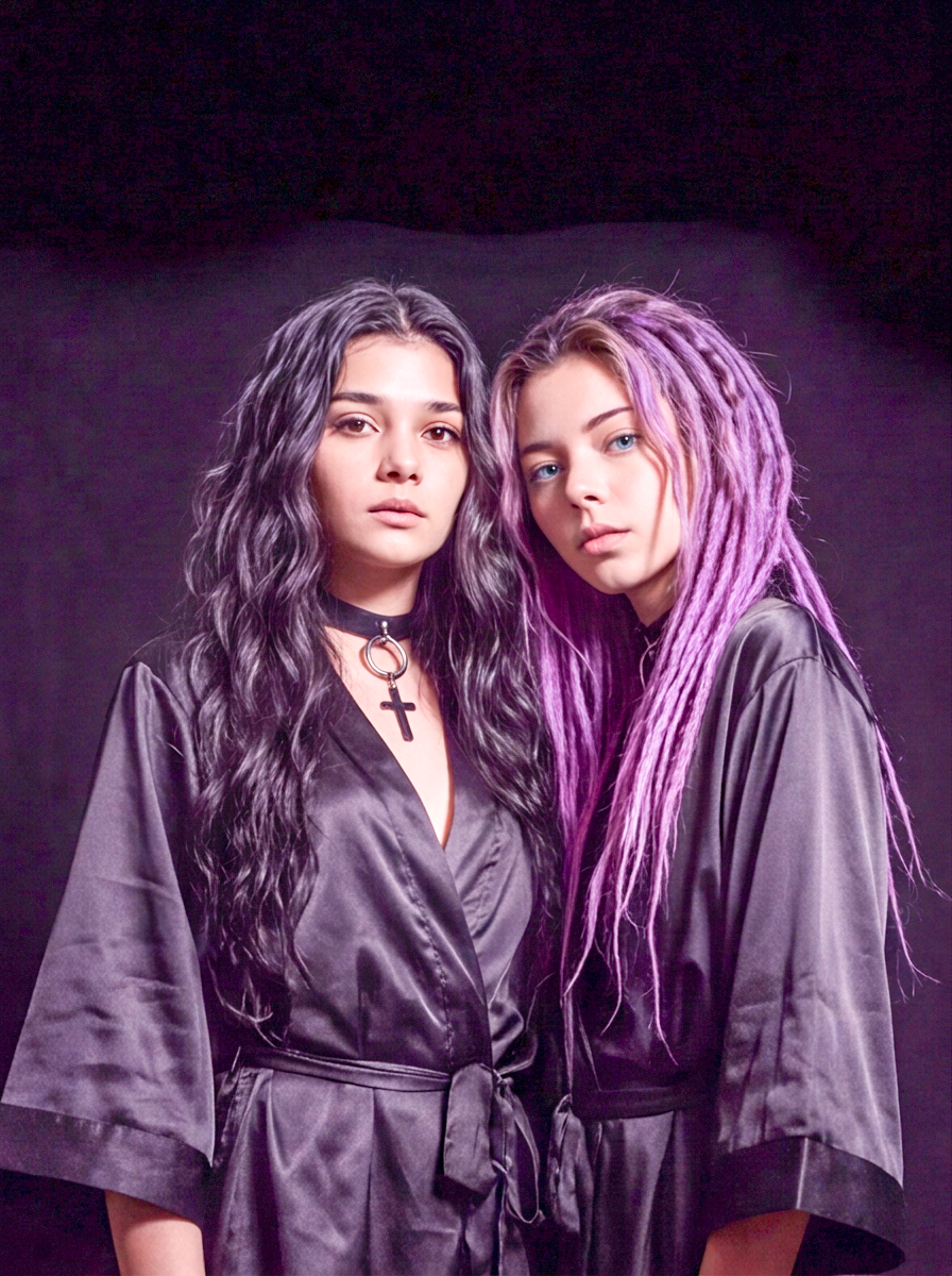 Two young women with long hair, one with black wavy hair and the other with purple dreadlocks, wearing black satin robes. The woman on the left has a choker with a cross pendant, and they are posing against a dark background.