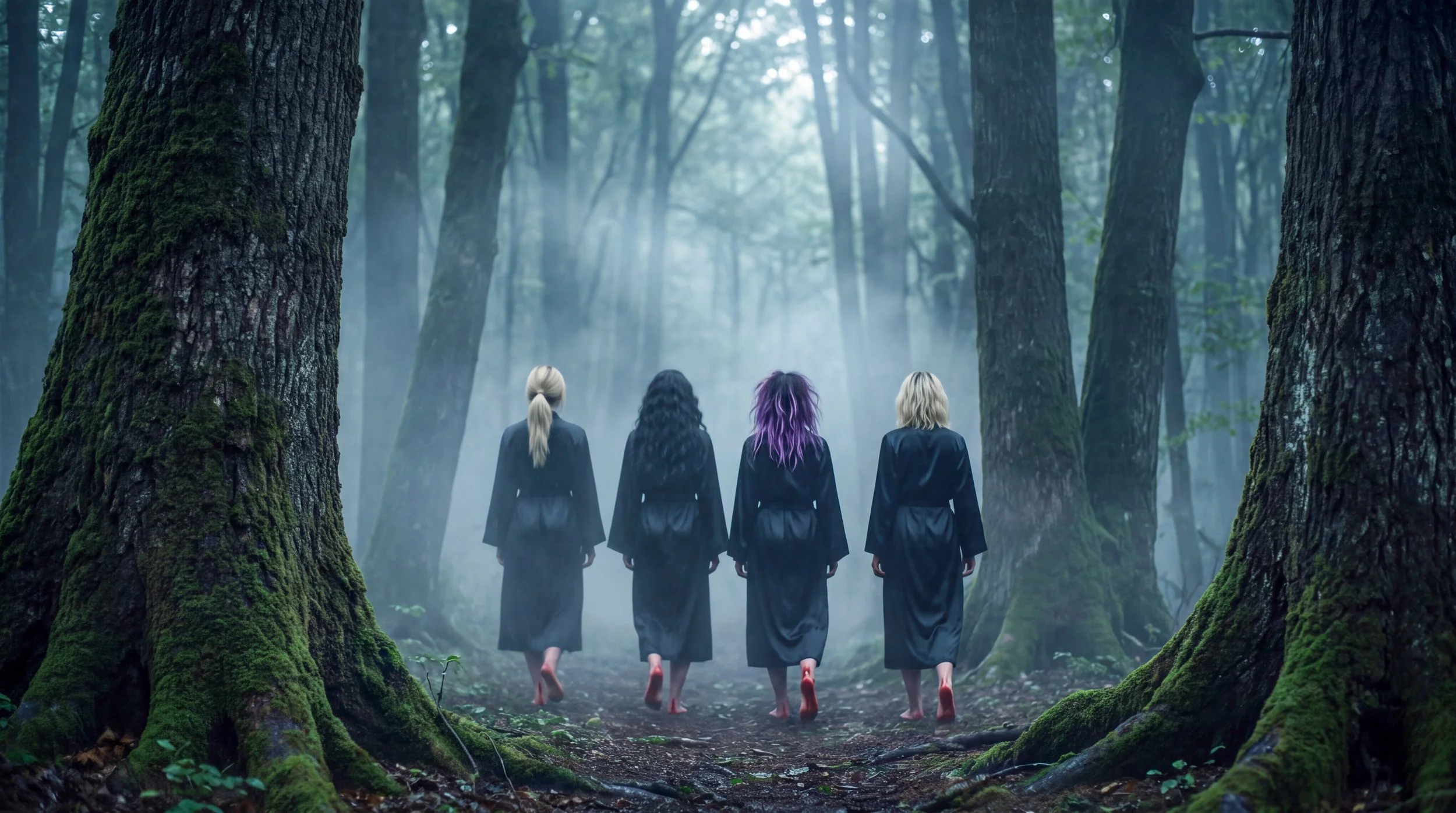  Silhouettes in black silk robes moving through heavy midnight fog between ancient moss-covered oak trees. 