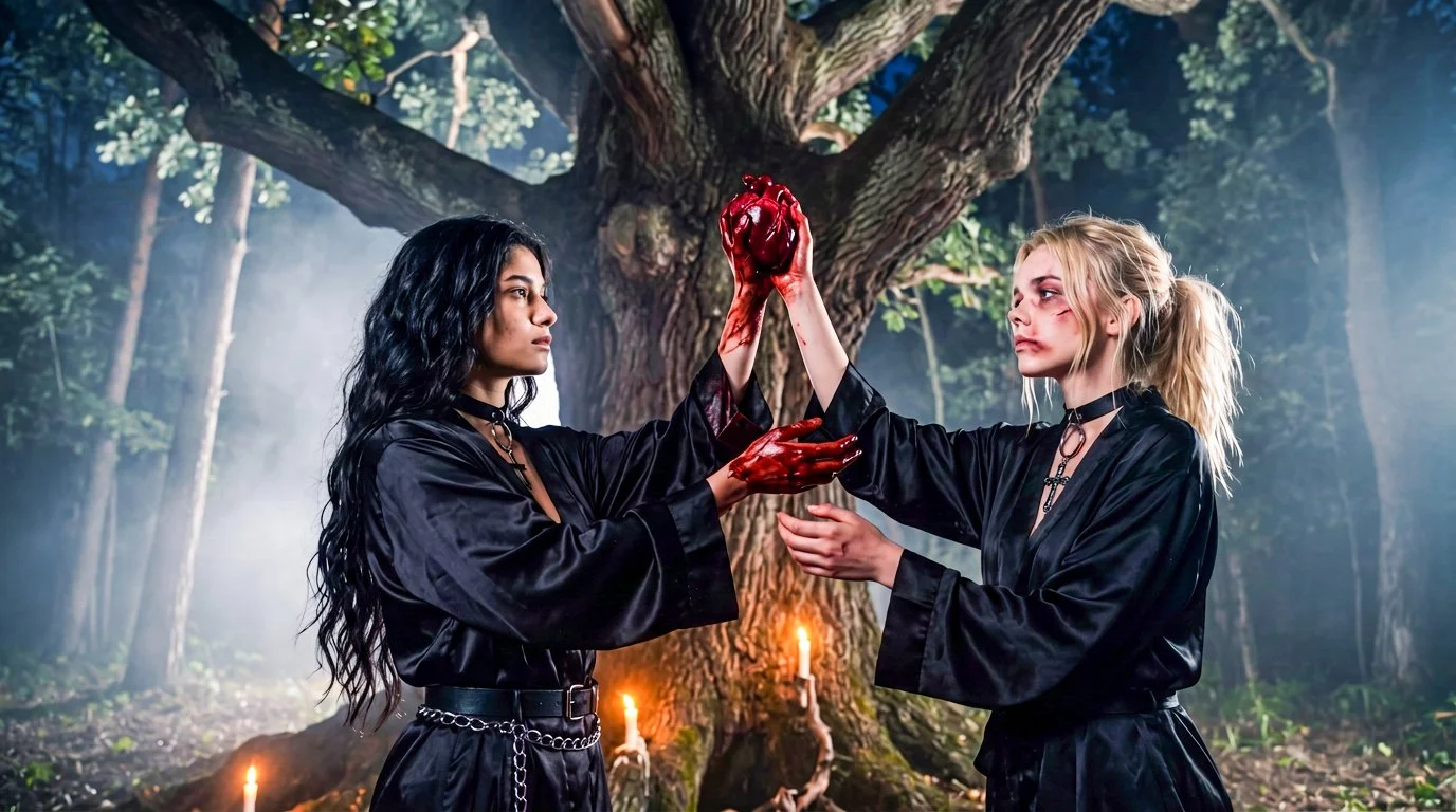  Abigail and Sara in black silk robes holding a sacred offering under the dark forest canopy surrounded by candle glow. 