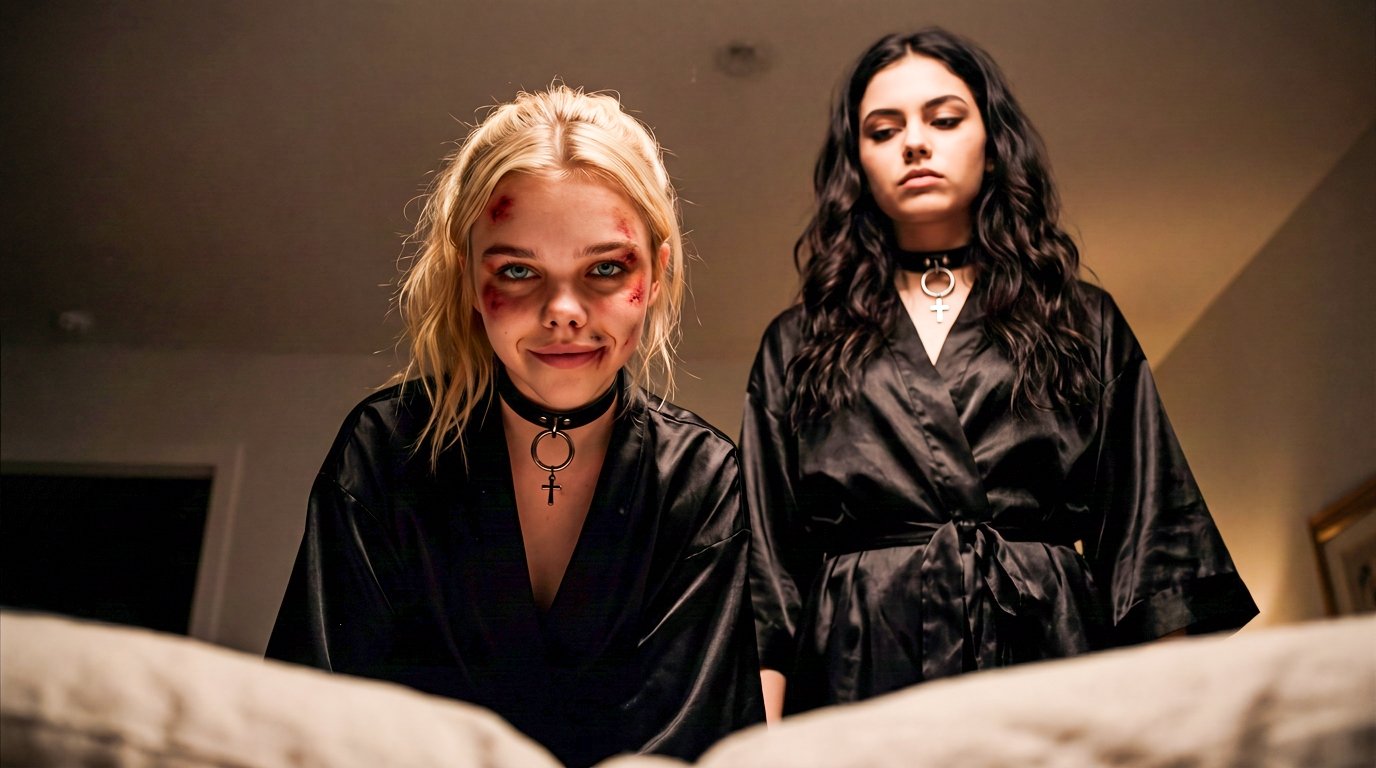  First-person POV looking up from a bed as Sara holds a blood-stained blade with Abigail standing in the shadow beside her. 