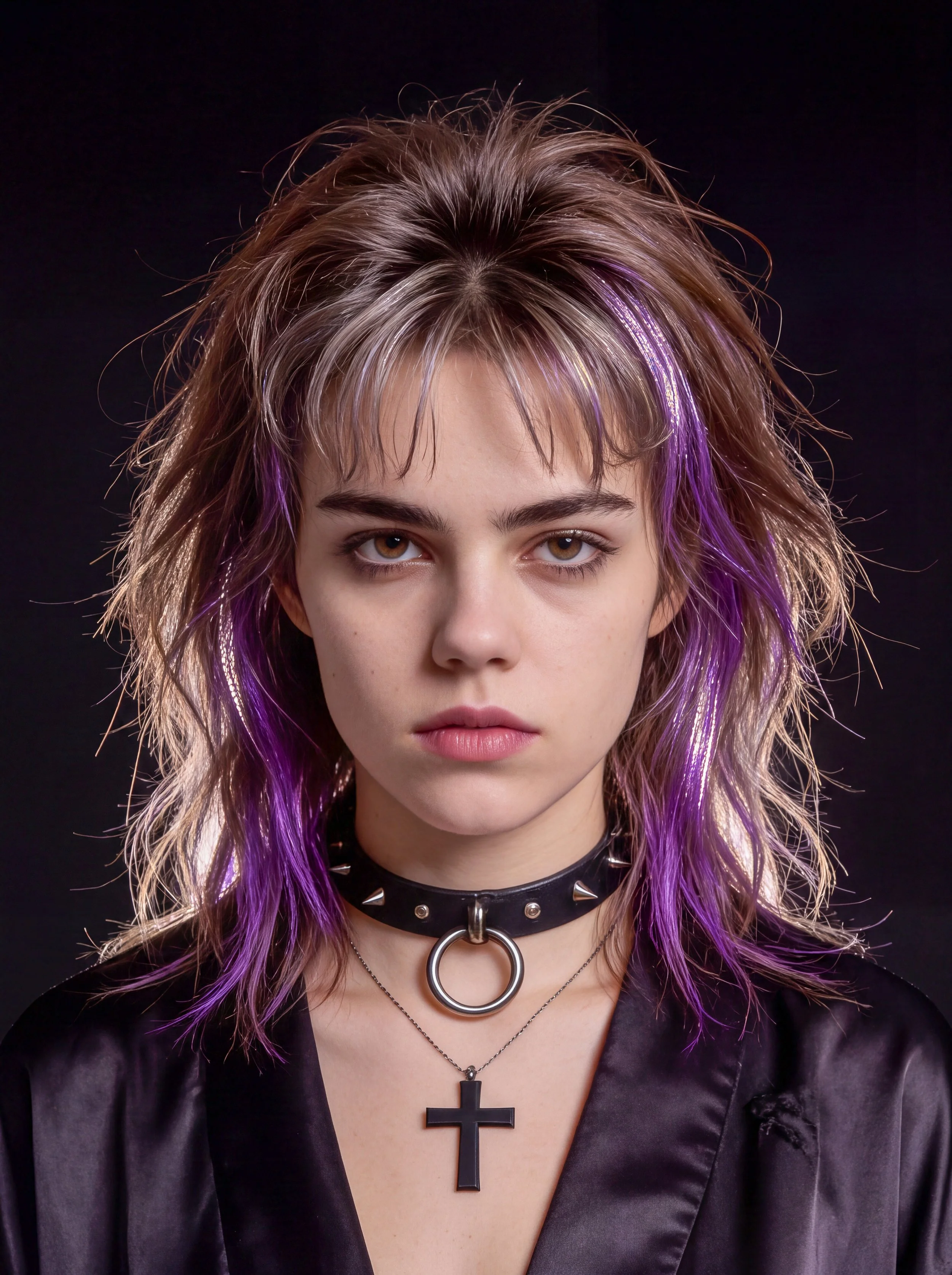 Close-up of a person with brown hair with purple highlights, wearing a black leather choker with silver spikes and a large black cross pendant, dressed in a black satin robe against a black background.