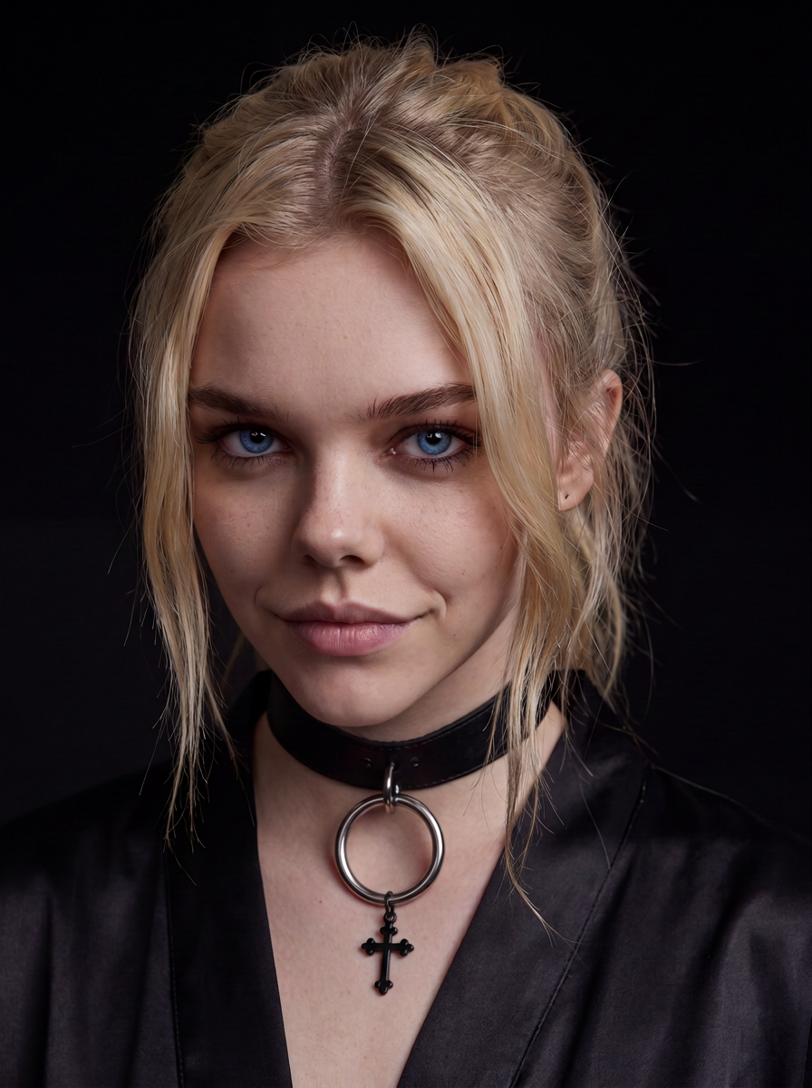 Close-up portrait of a young woman with blonde hair and blue eyes, wearing a black choker with a dangling cross and a black satin top, against a dark background.