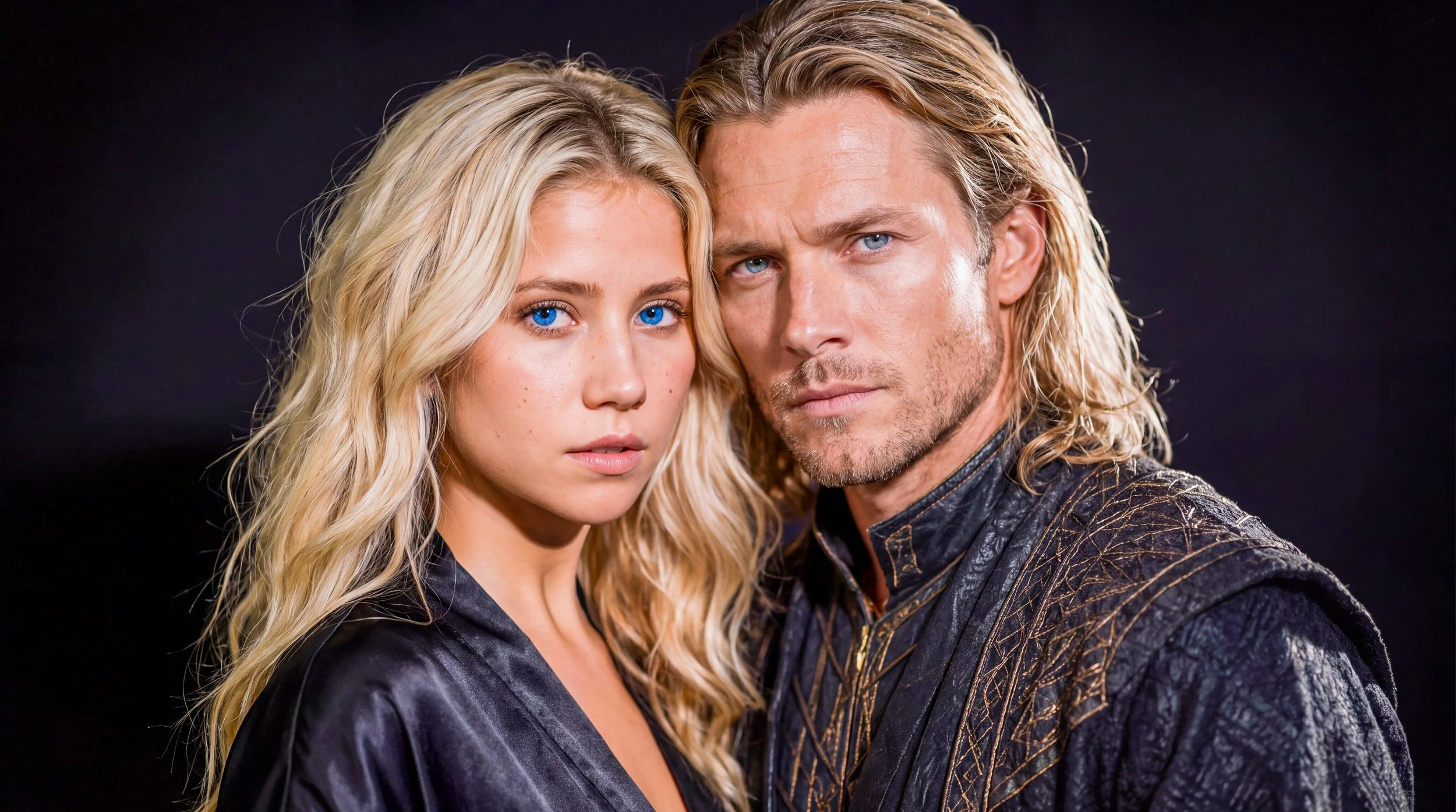 A young woman and an older man with long blond hair and blue eyes are posing together against a black background, both looking directly at the camera.