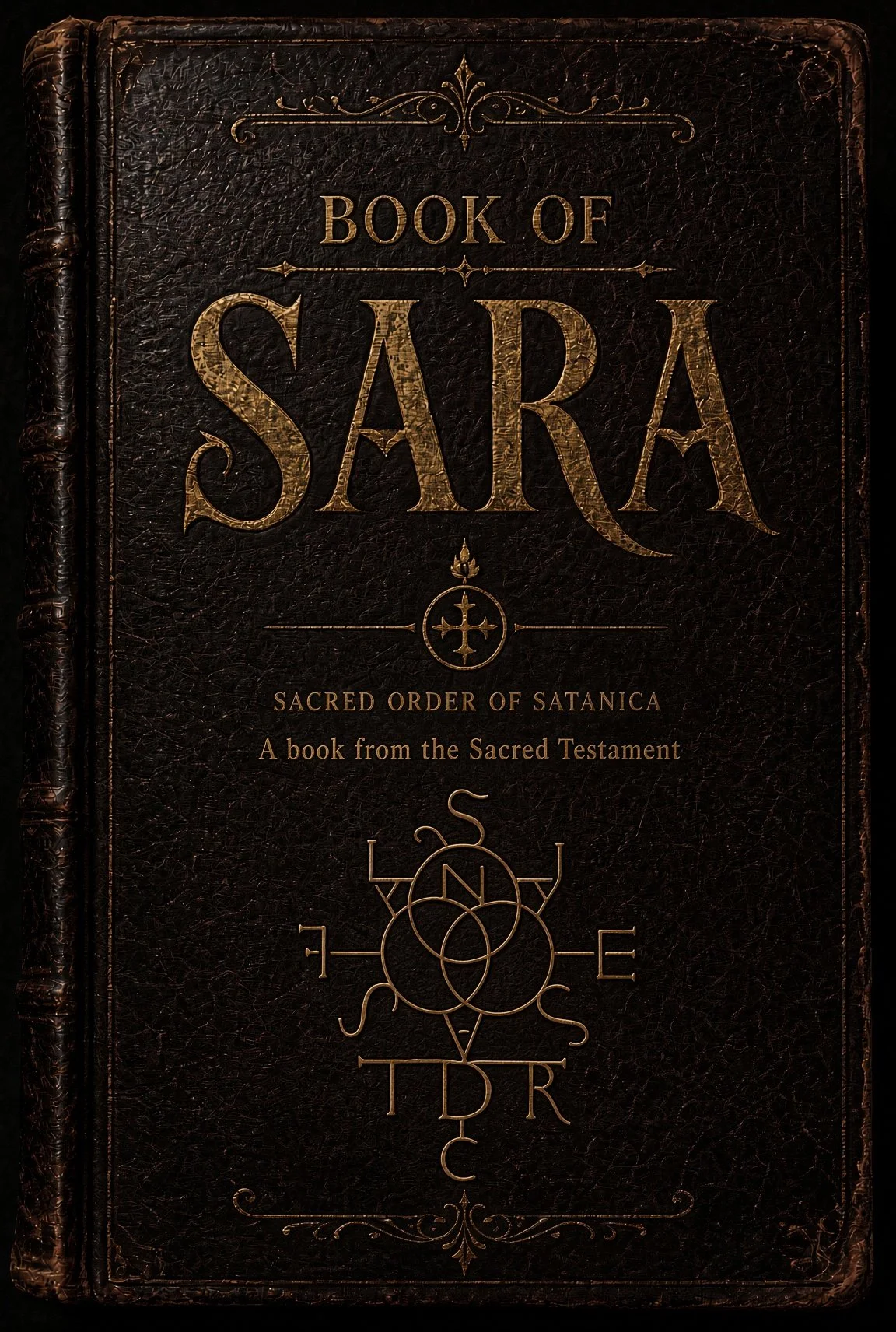 A dark, leather-bound book titled 'Book of Sara' with decorative gold text and symbols, describing it as a sacred text from the Sacred Testament related to Satanica.