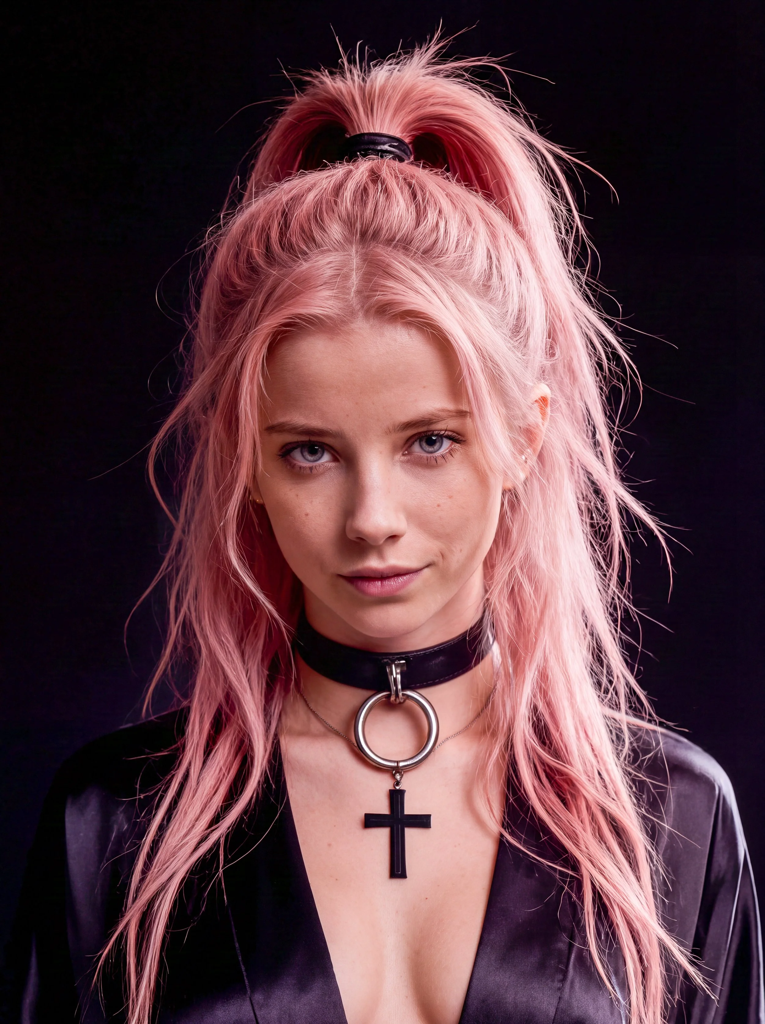 A woman with long pink hair styled in a high ponytail, wearing a black choker with a large ring and a black cross necklace, dressed in a black leather jacket against a dark background.