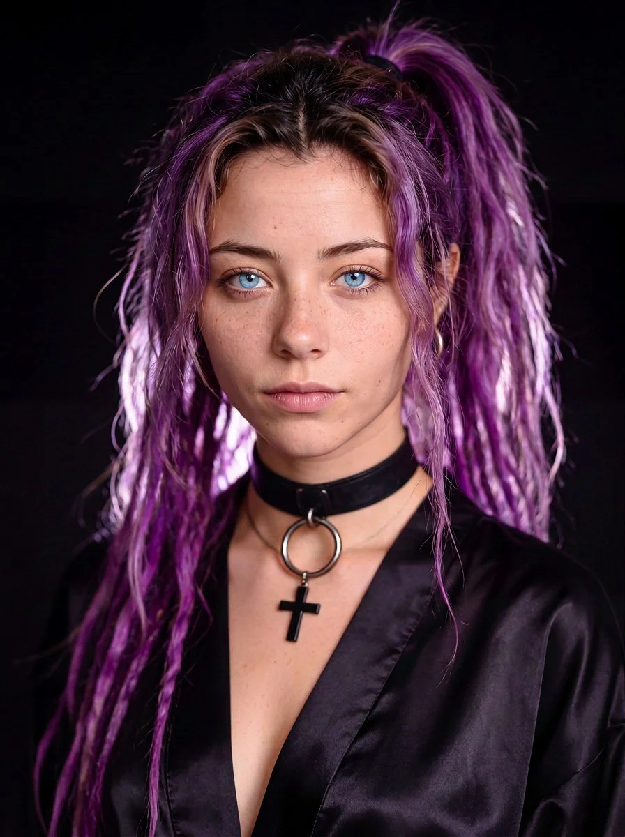 A young woman with vibrant purple dreadlocks, blue eyes, and a light complexion, wearing a black choker with a cross pendant and a black satin robe against a dark background.
