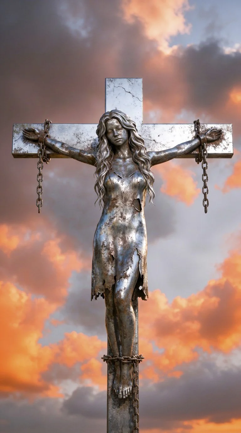 A weathered metal sculpture of Jesus Christ on the cross with a dramatic sunset sky in the background.