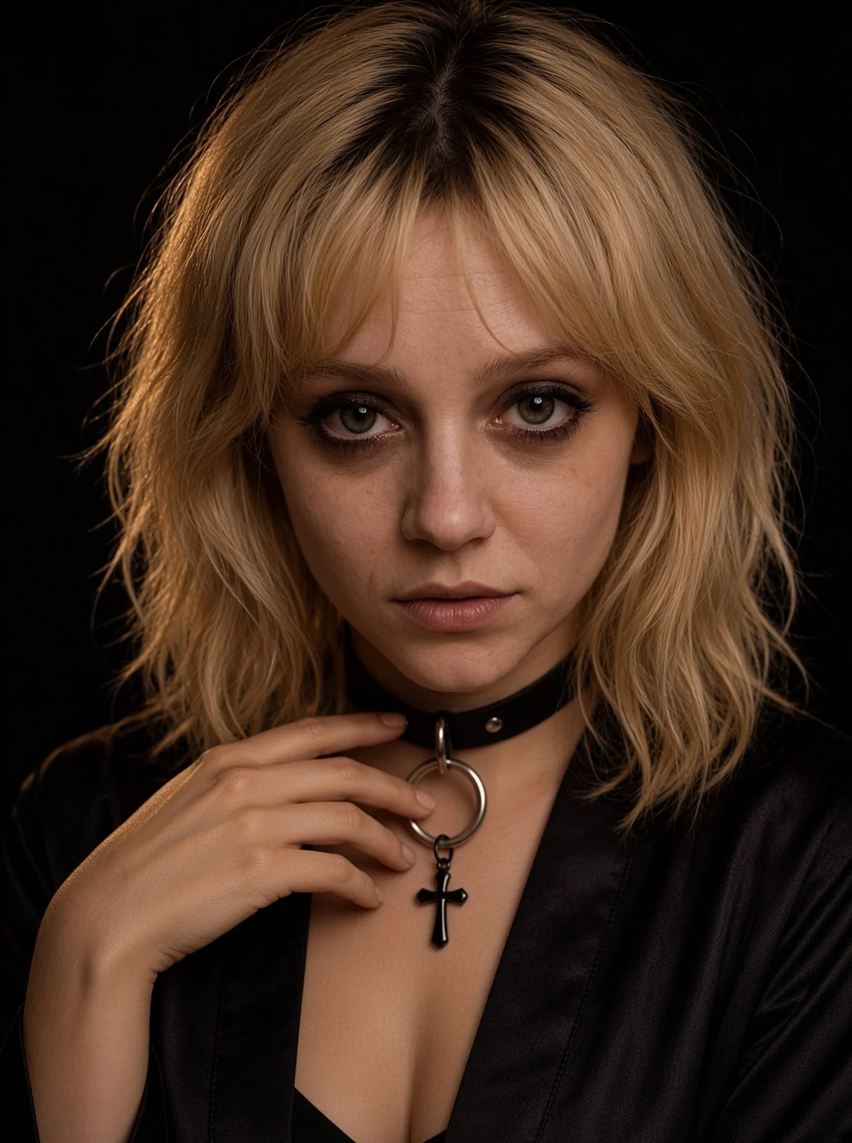 A woman with blonde, wavy hair and gray eyes wearing a black choker with a cross pendant, a black leather jacket, and makeup, looking directly at the camera against a black background.