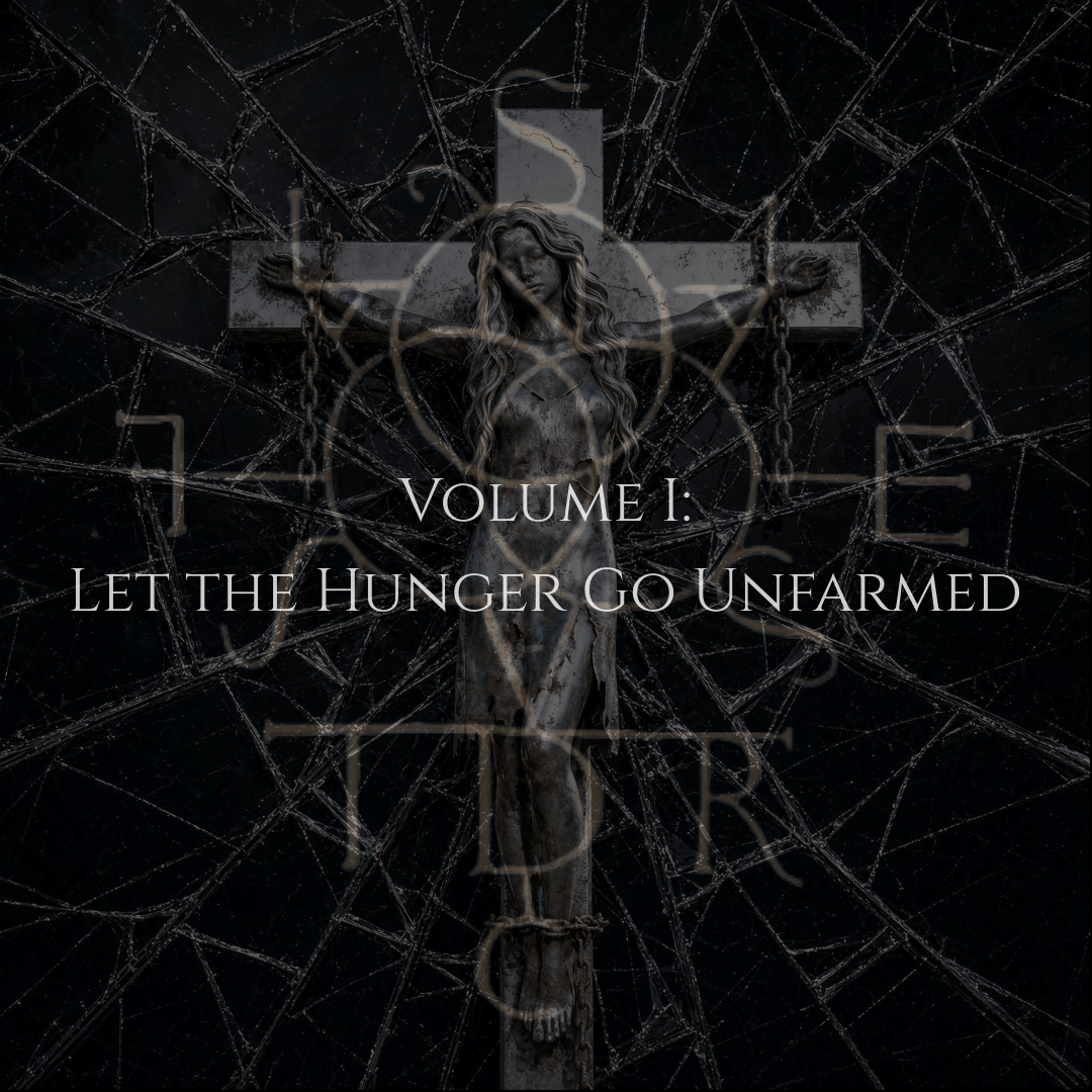 A statue of Jesus Christ crucified on a cross, chained and surrounded by spider webs, with overlaying text 'Volume 1: Let the Hunger Go Unarmed'.
