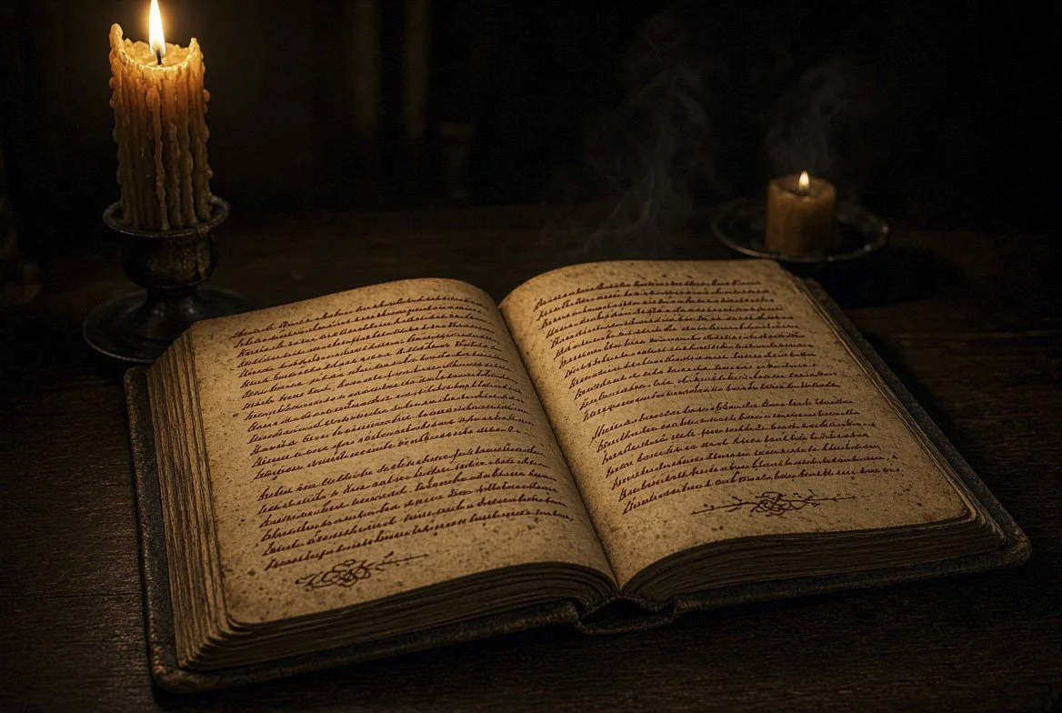 An open, old book with handwritten text on yellowed pages, lit by two candles on a dark wooden table.