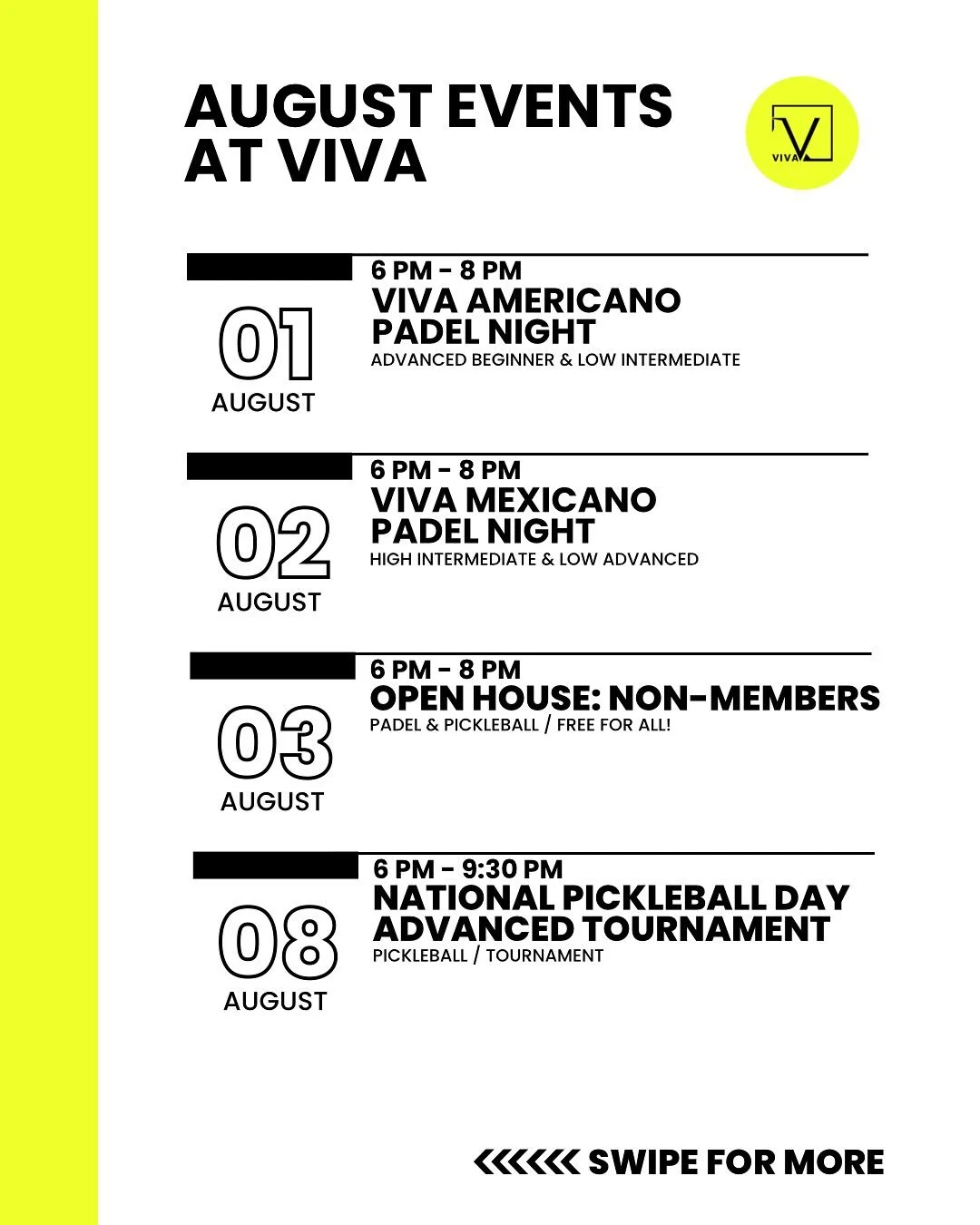 July was chock full of incredible events (recap coming soon!), and August is heating up with even more clinics, tournaments, and open plays!
DISCLAIMER: these are just the events! We’ll keep dropping our weekly schedules every Sunday with all